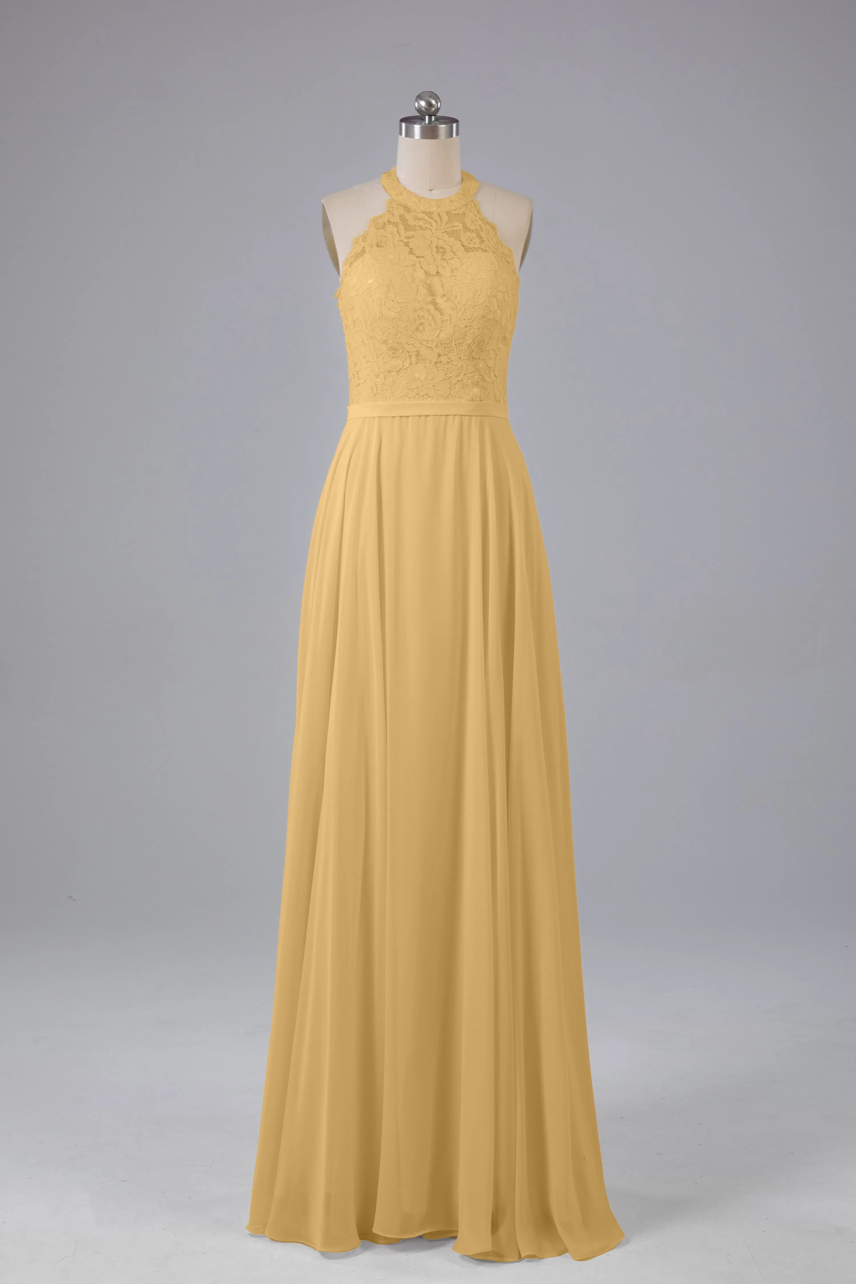 Elegant Halter Illusion Lace Floor Length Bridesmaid Dresses