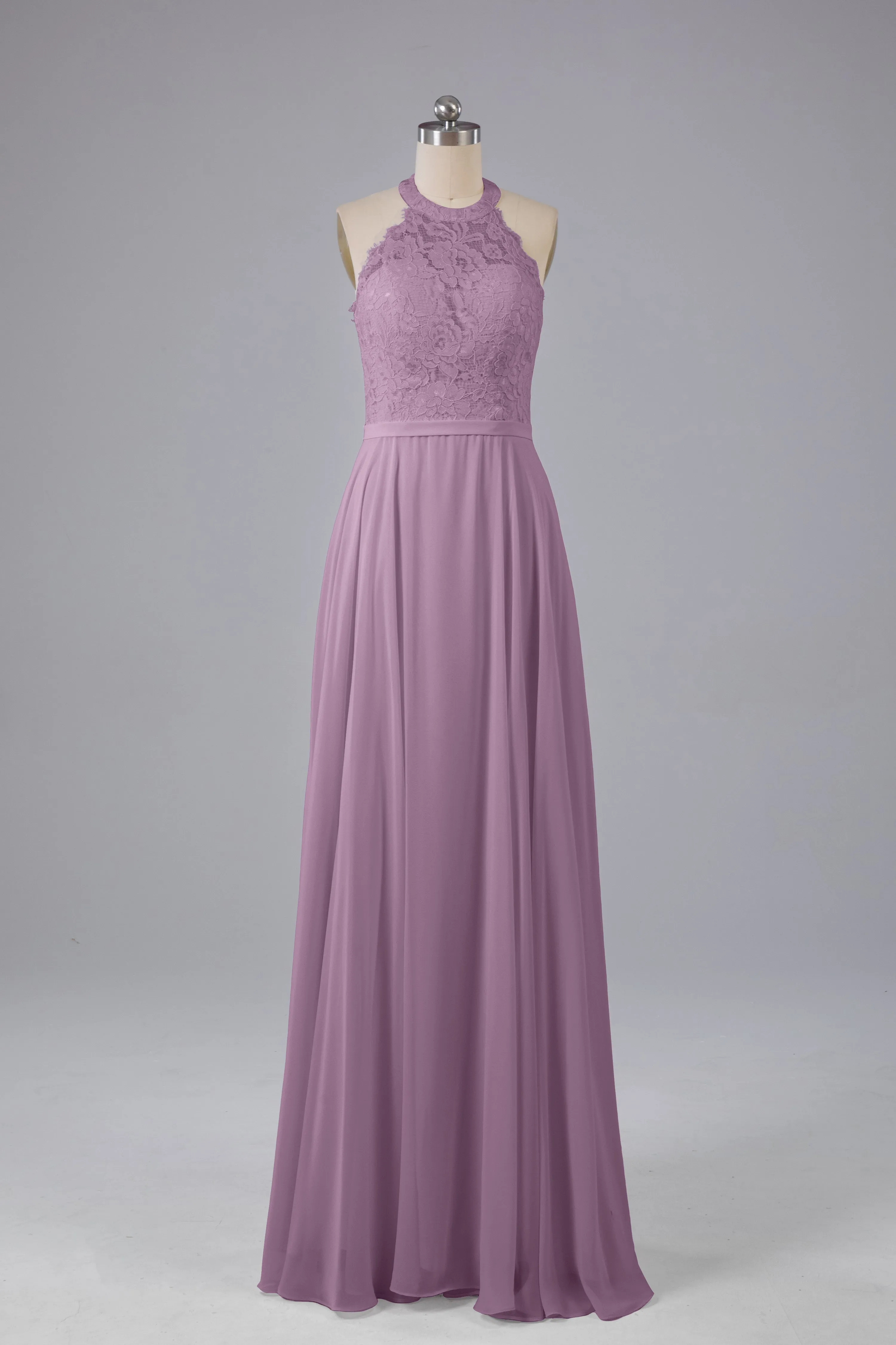 Elegant Halter Illusion Lace Floor Length Bridesmaid Dresses