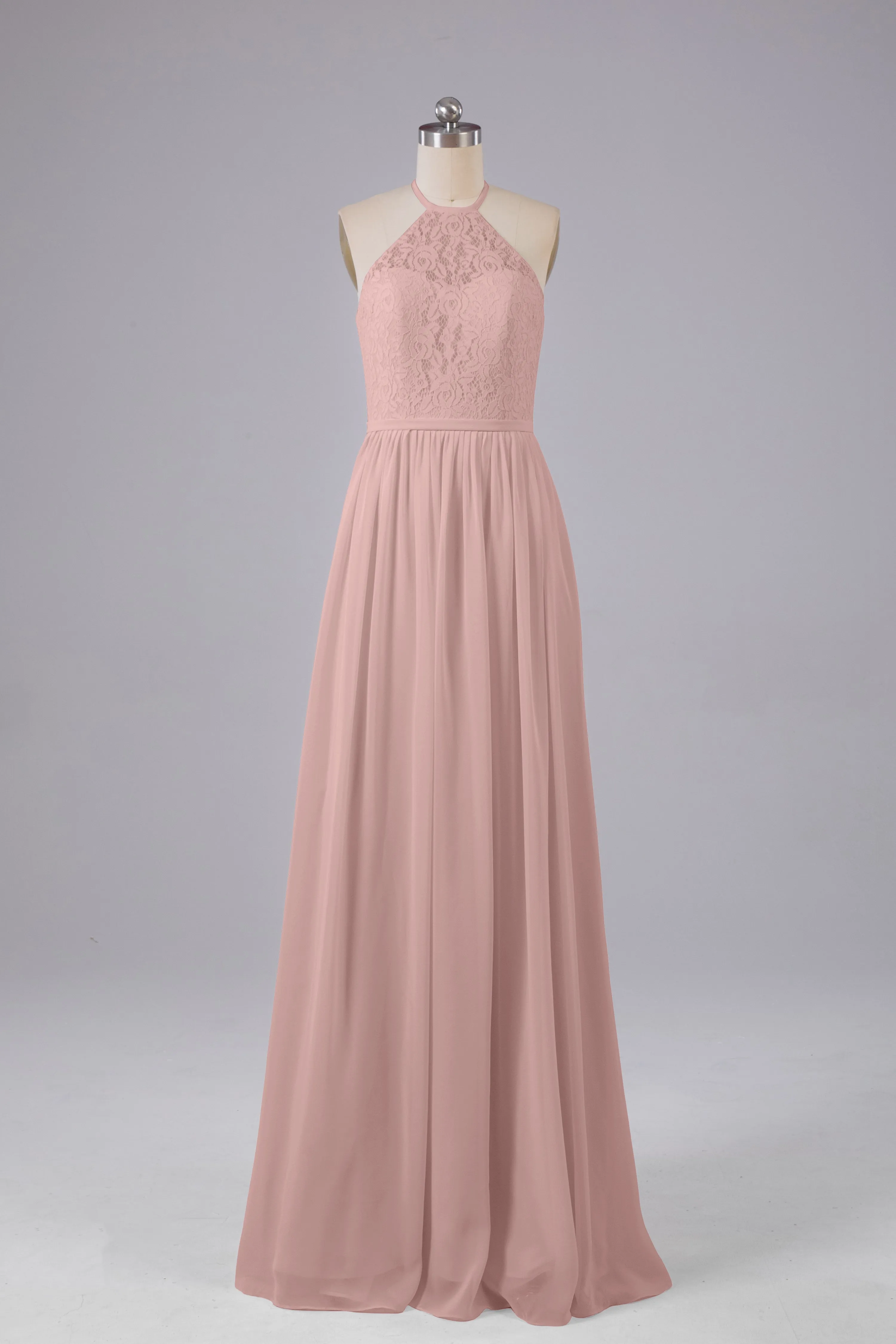 Elegant Keyhole Halter Lace Long Bridesmaid Dresses