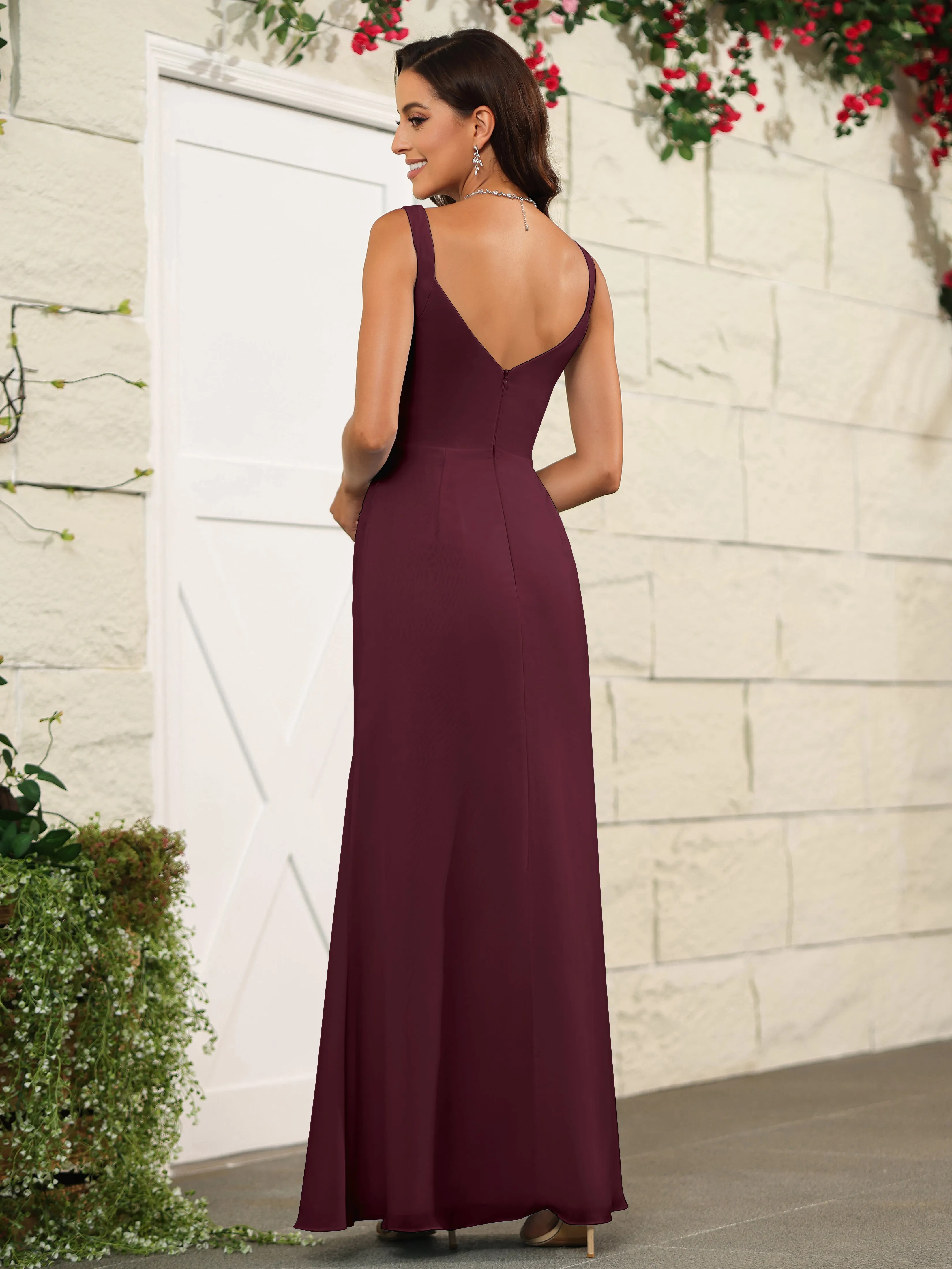 Elegant Sweetheart Spaghetti Straps Chiffon Long Bridesmaid Dresses