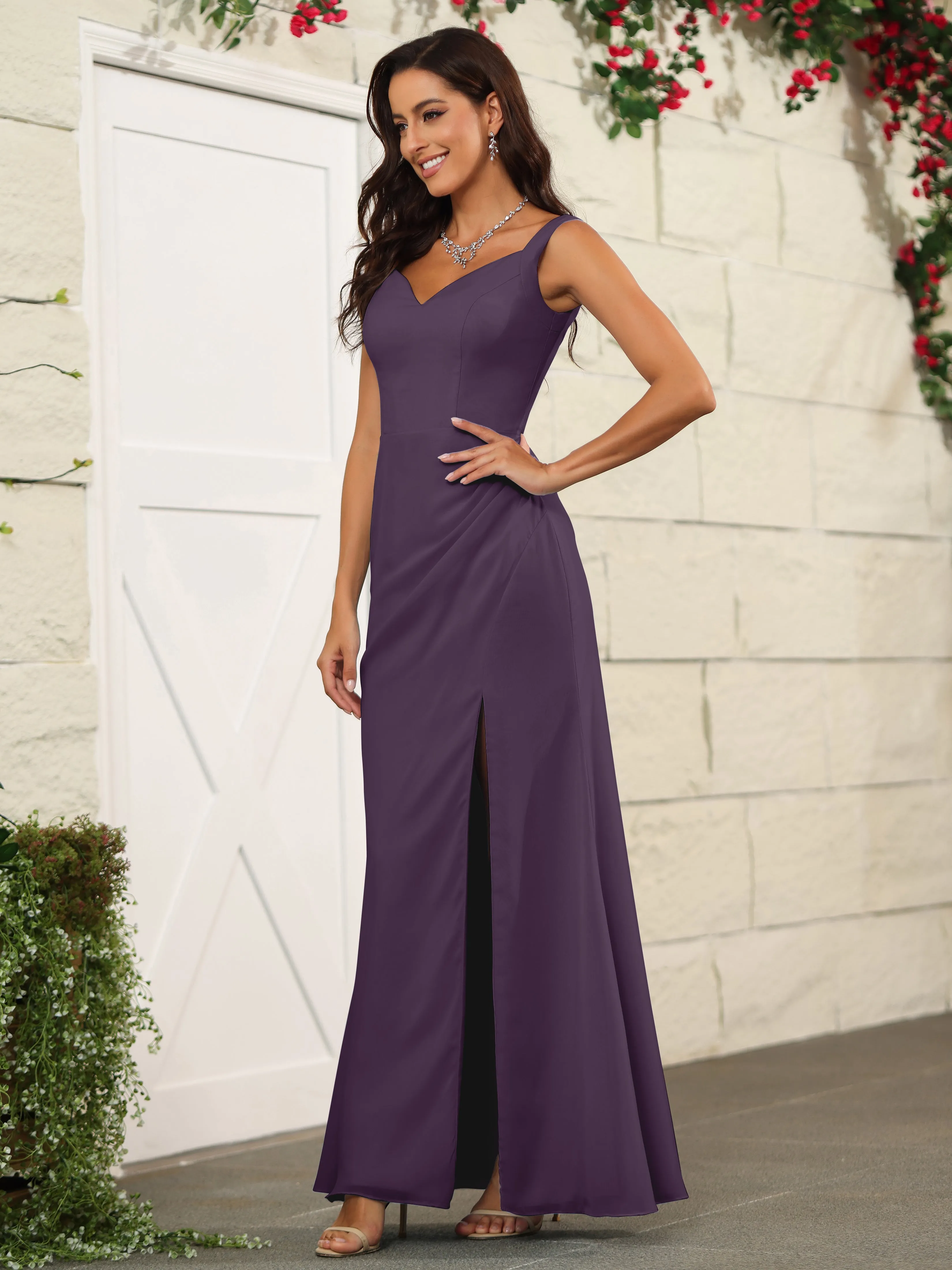 Elegant Sweetheart Spaghetti Straps Chiffon Long Bridesmaid Dresses