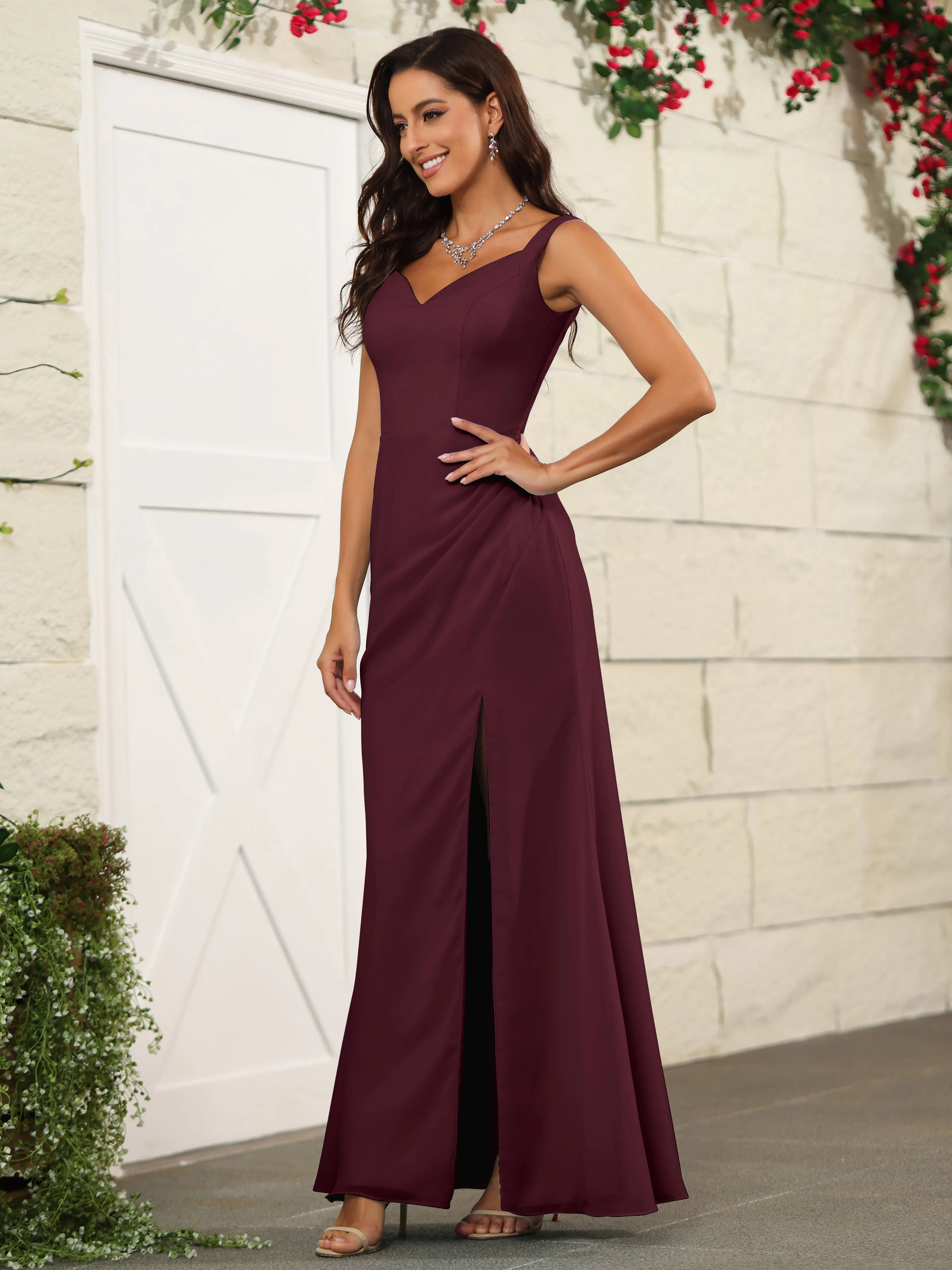 Elegant Sweetheart Spaghetti Straps Chiffon Long Bridesmaid Dresses