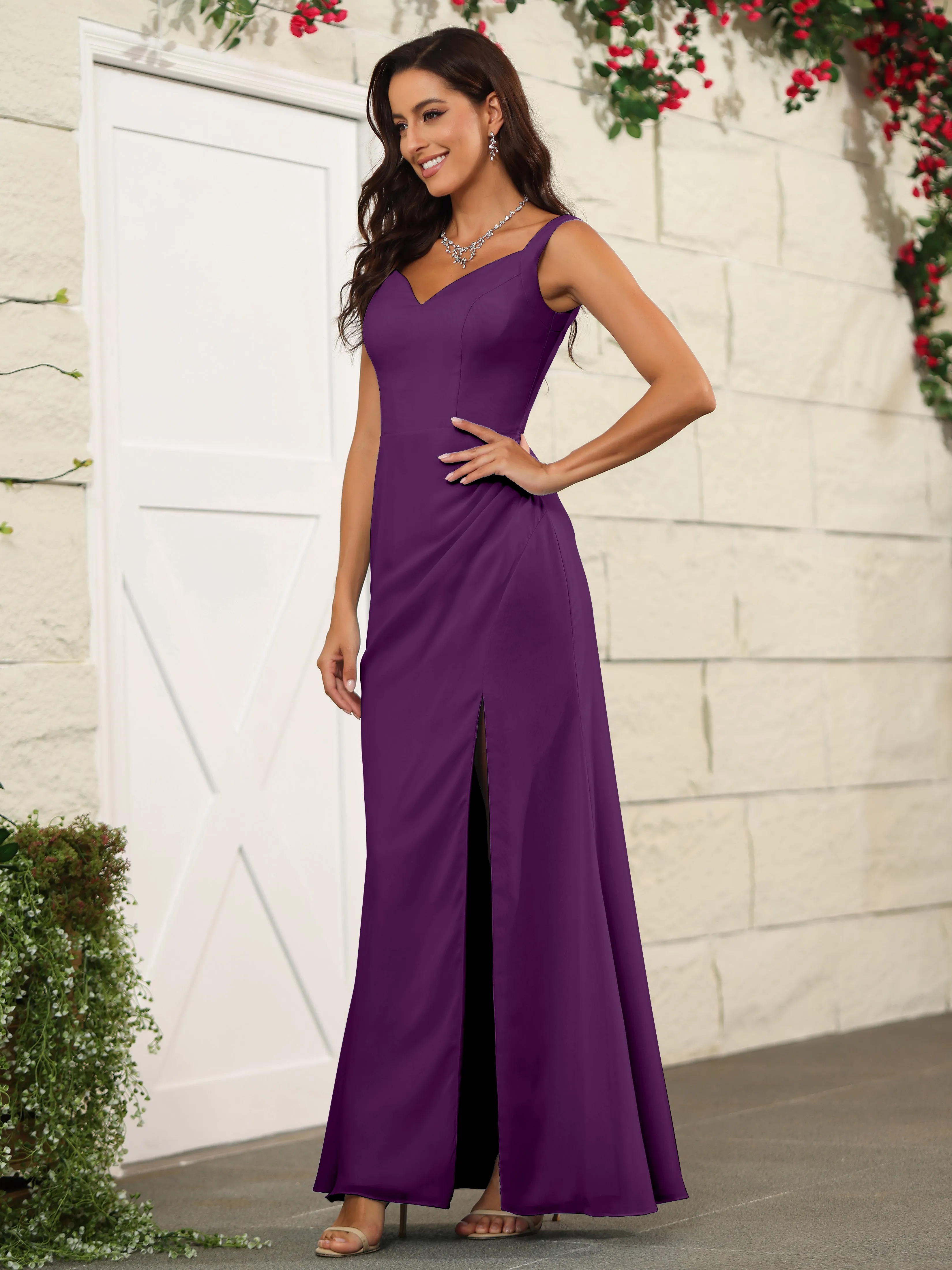 Elegant Sweetheart Spaghetti Straps Chiffon Long Bridesmaid Dresses