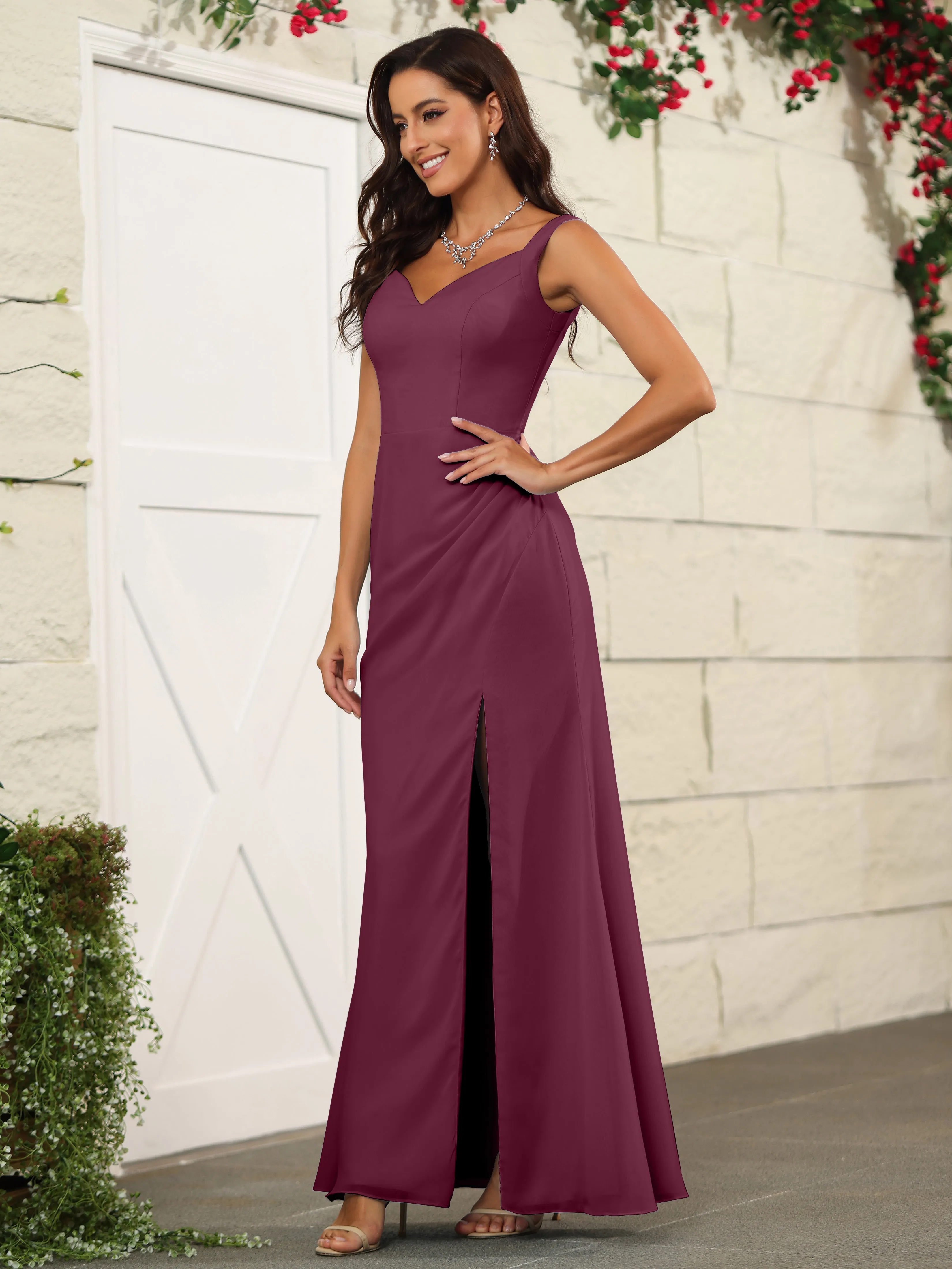 Elegant Sweetheart Spaghetti Straps Chiffon Long Bridesmaid Dresses