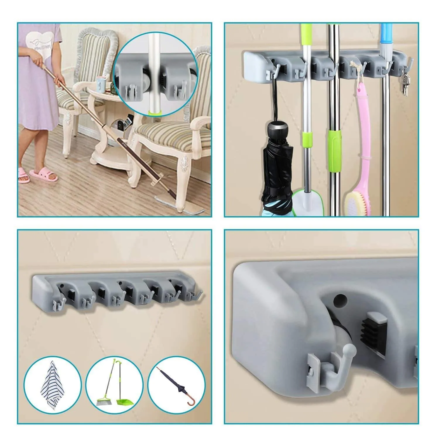 Feir Mop Broom Holder Wall Mounted Kitchen Hanging Garage Utility Tool Organizers and Storage Rack for Commercial Bathroom Laundry Room Closet Gardening
