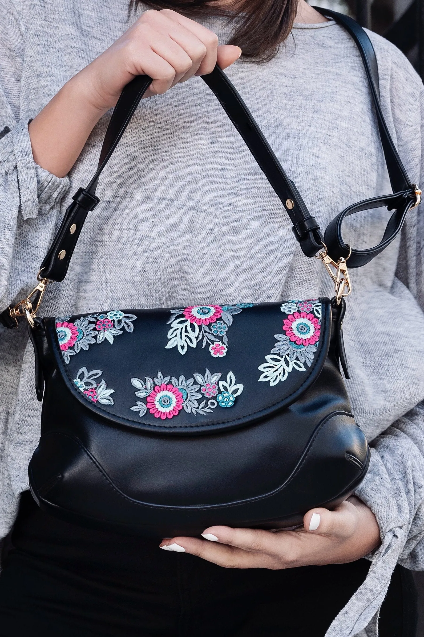 Floral Elegance Crossbody Bag Black