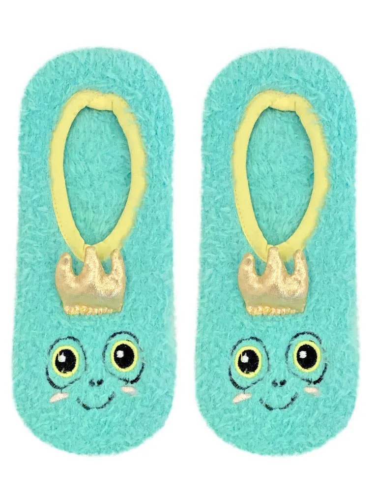 Fuzzy Slipper Socks w/ 3D Crown - Frog Prince - Teal Green