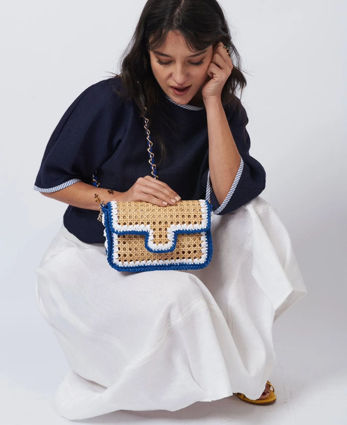Ginevra Rattan and Raffia Bag Cobalt blue and white
