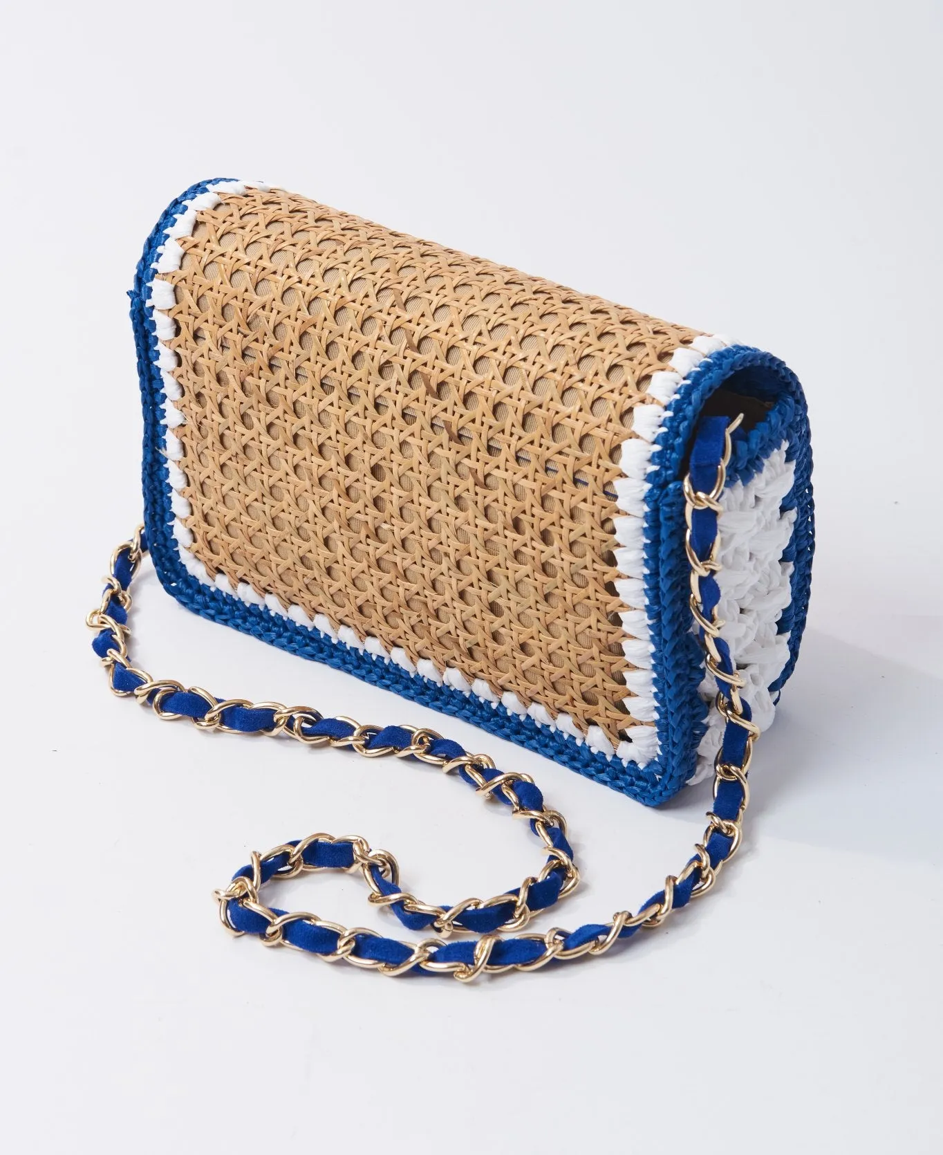 Ginevra Rattan and Raffia Bag Cobalt blue and white