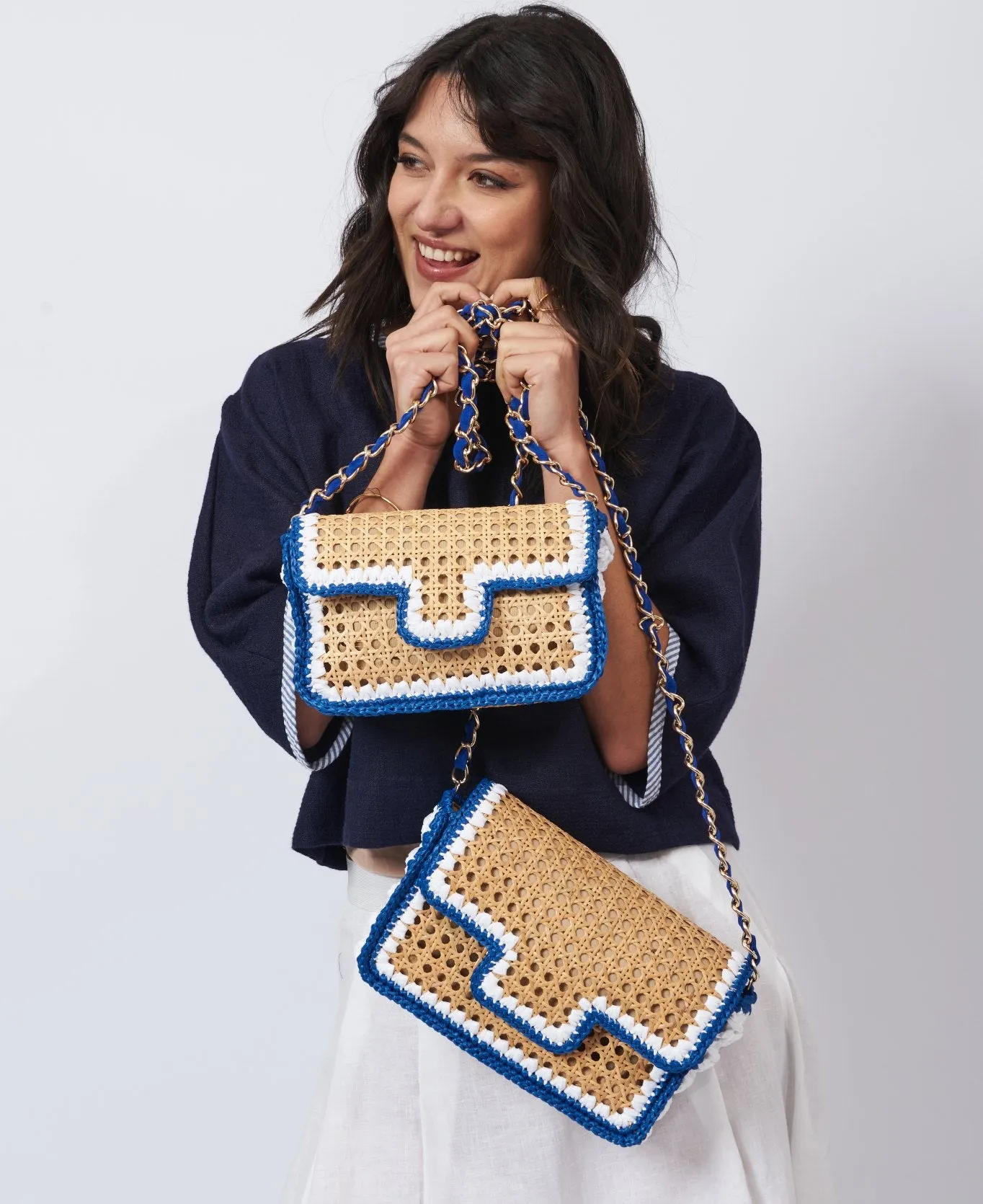 Ginevra Rattan and Raffia Bag Cobalt blue and white