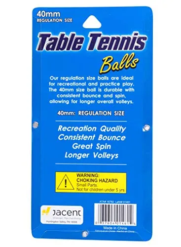 Jacent 40MM Regulation Size White Table Tennis Balls, 6 Ping Pong Balls per Pack, 1-Pack