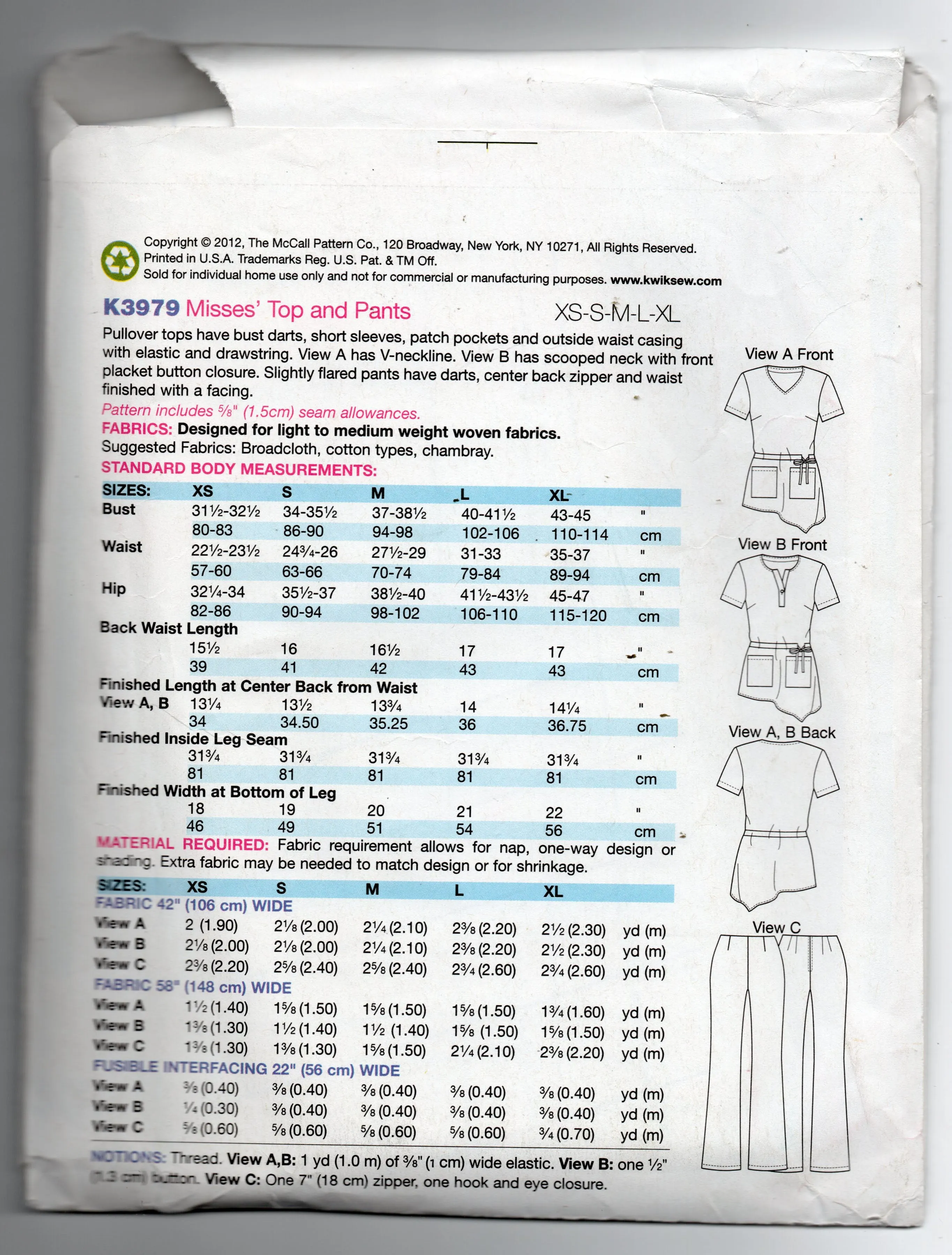 Kwik Sew 3979 Womens Hospital Medical Nursing Scrubs Out Of Print Sewing Pattern Size XS - XL UNCUT Factory Folded