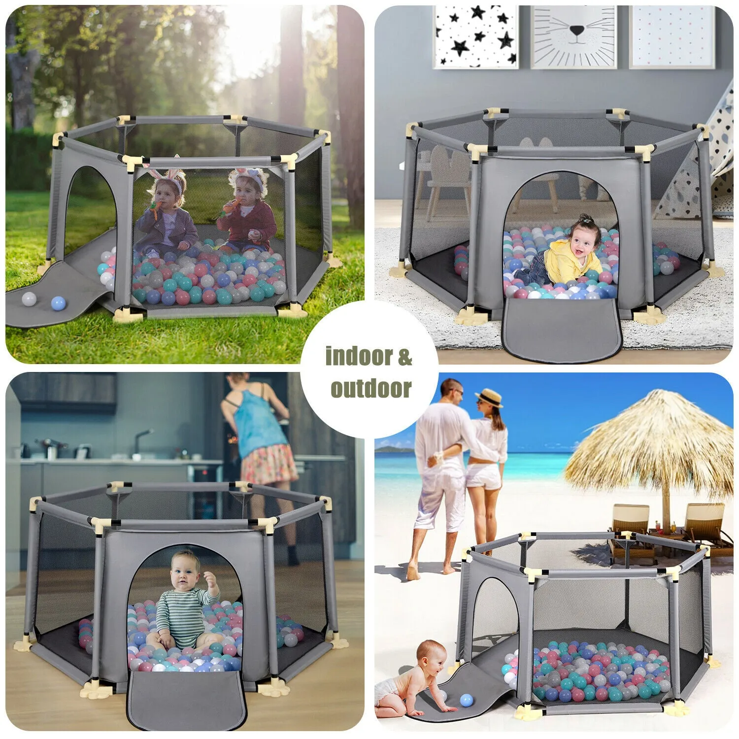 Large Hexganol Baby Playpen & Ball Pool  | Grey | 6 - 36m