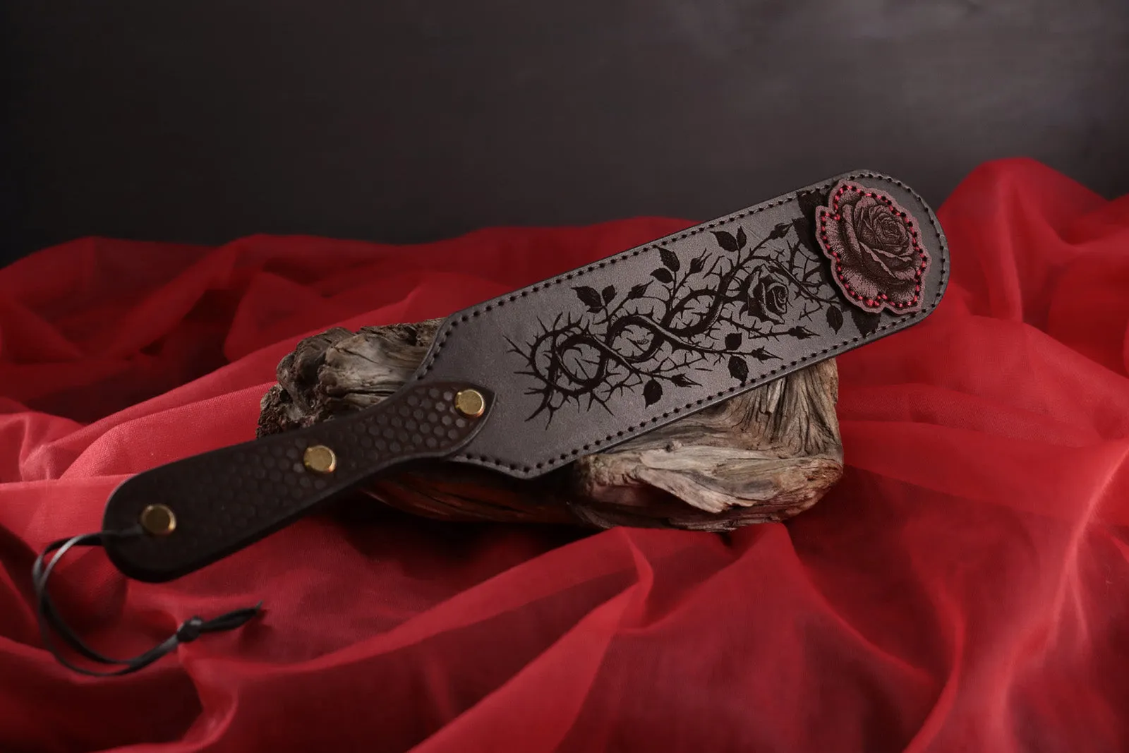 Leather Spanking Paddle, Rose Design