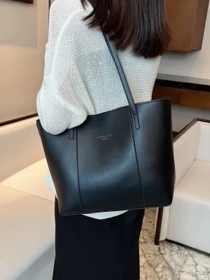 Letter Embossed Shoulder Tote Bag - Black