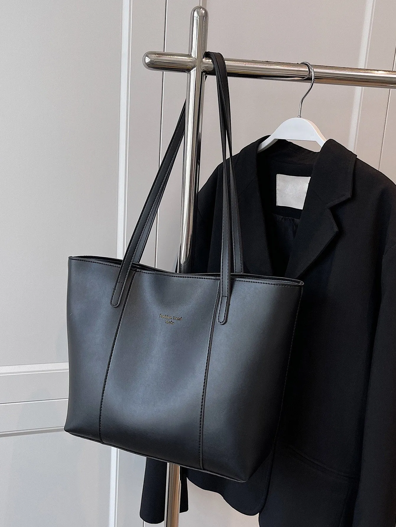 Letter Embossed Shoulder Tote Bag - Black