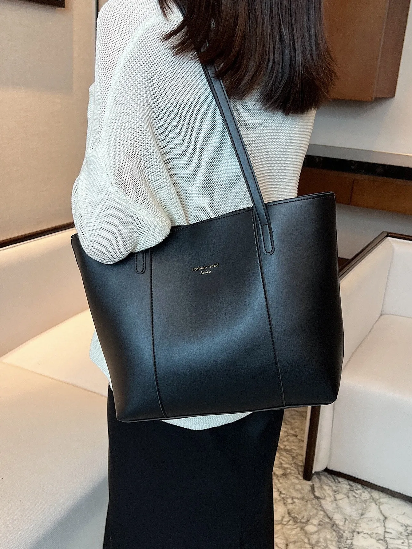 Letter Embossed Shoulder Tote Bag - Black