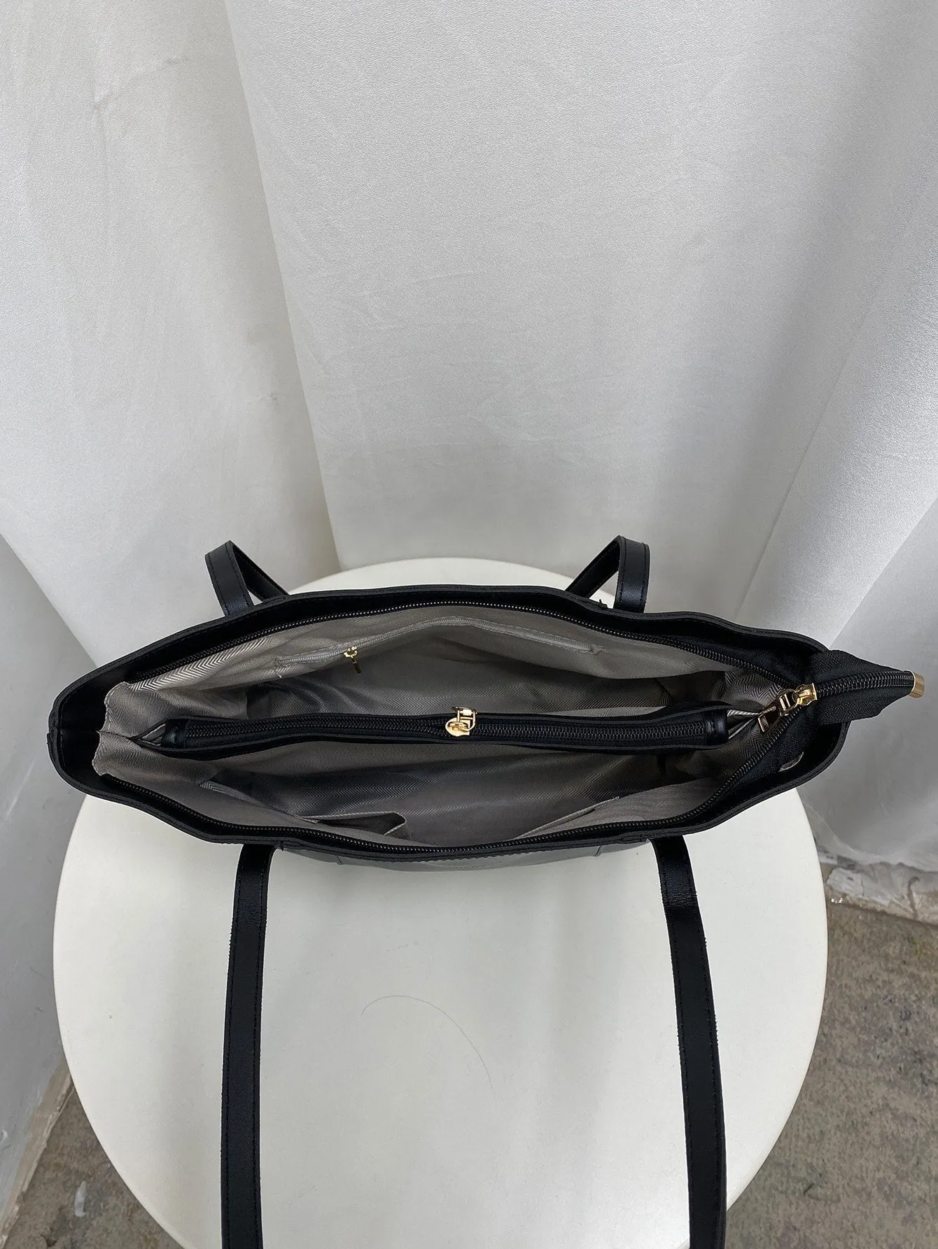 Letter Embossed Shoulder Tote Bag - Black