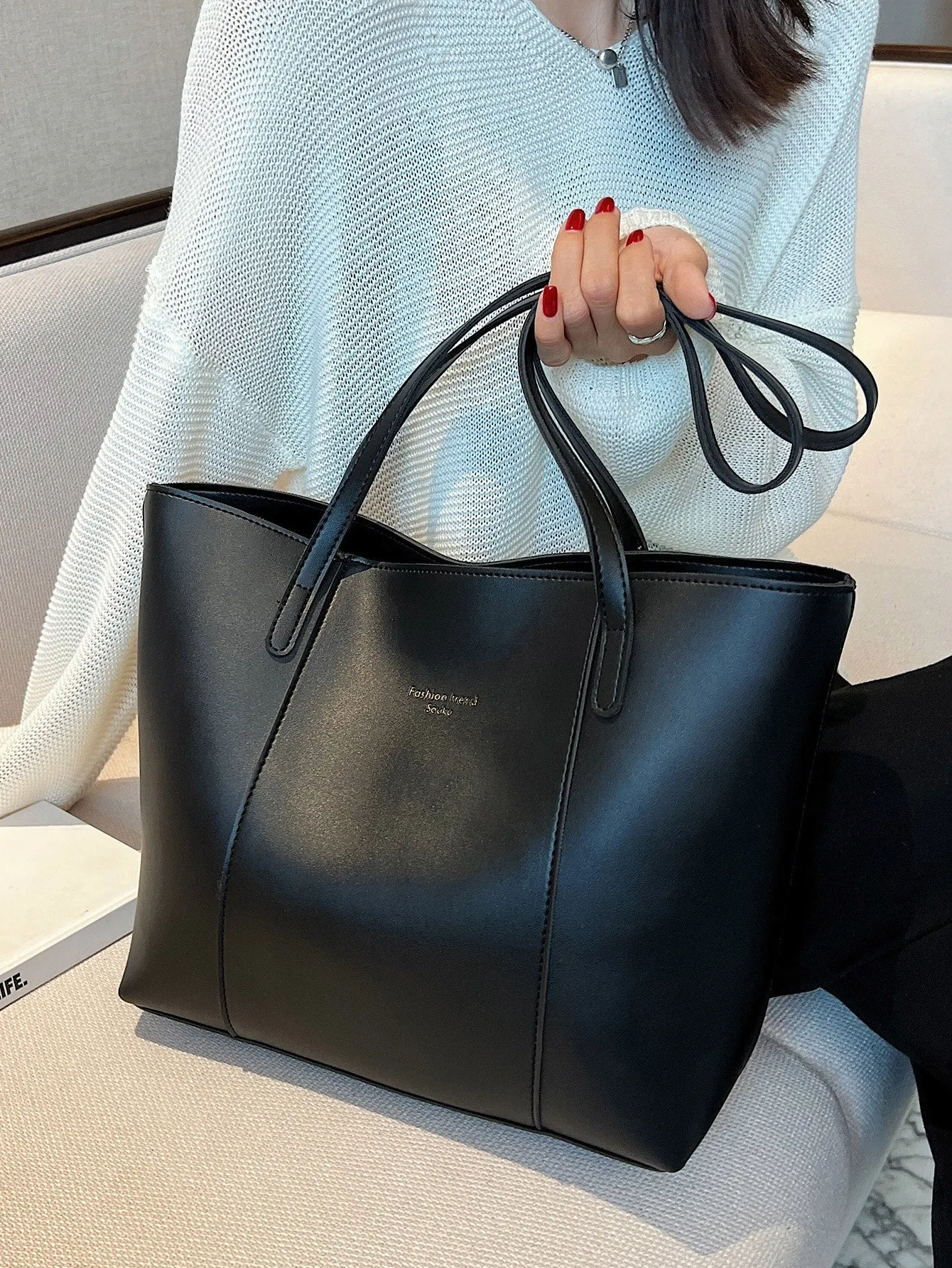 Letter Embossed Shoulder Tote Bag - Black