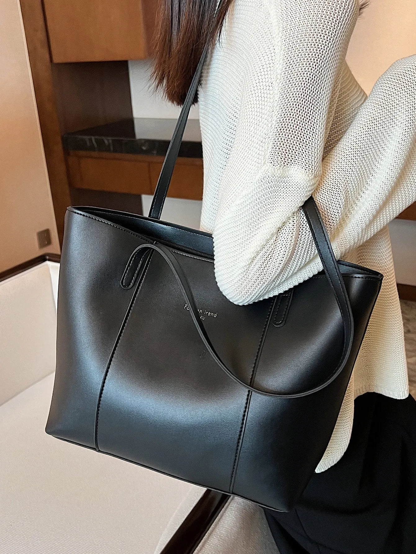 Letter Embossed Shoulder Tote Bag - Black