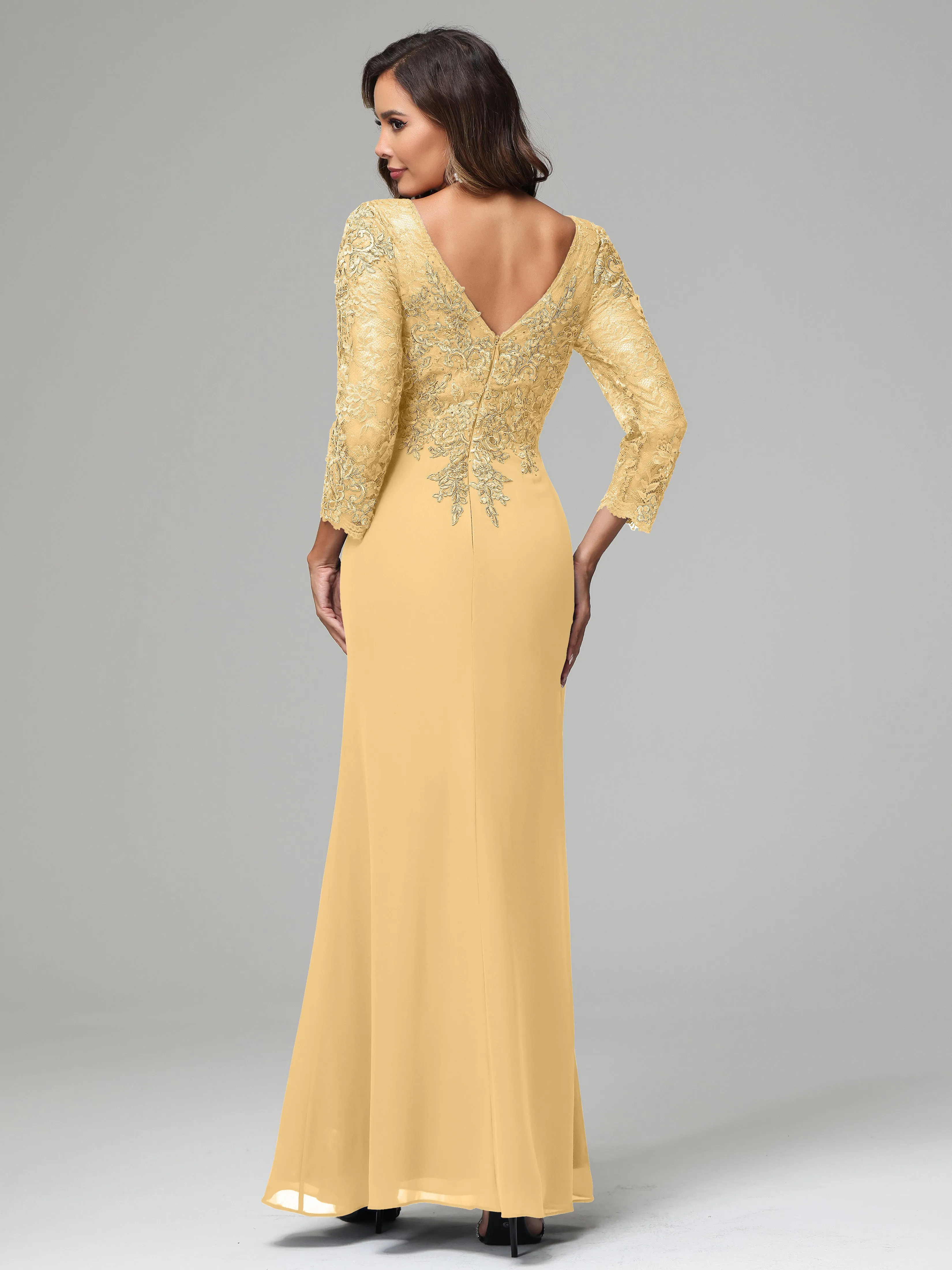 Long Sleeves Floor Length Chiffon Lace Mother Of The Bride Dress