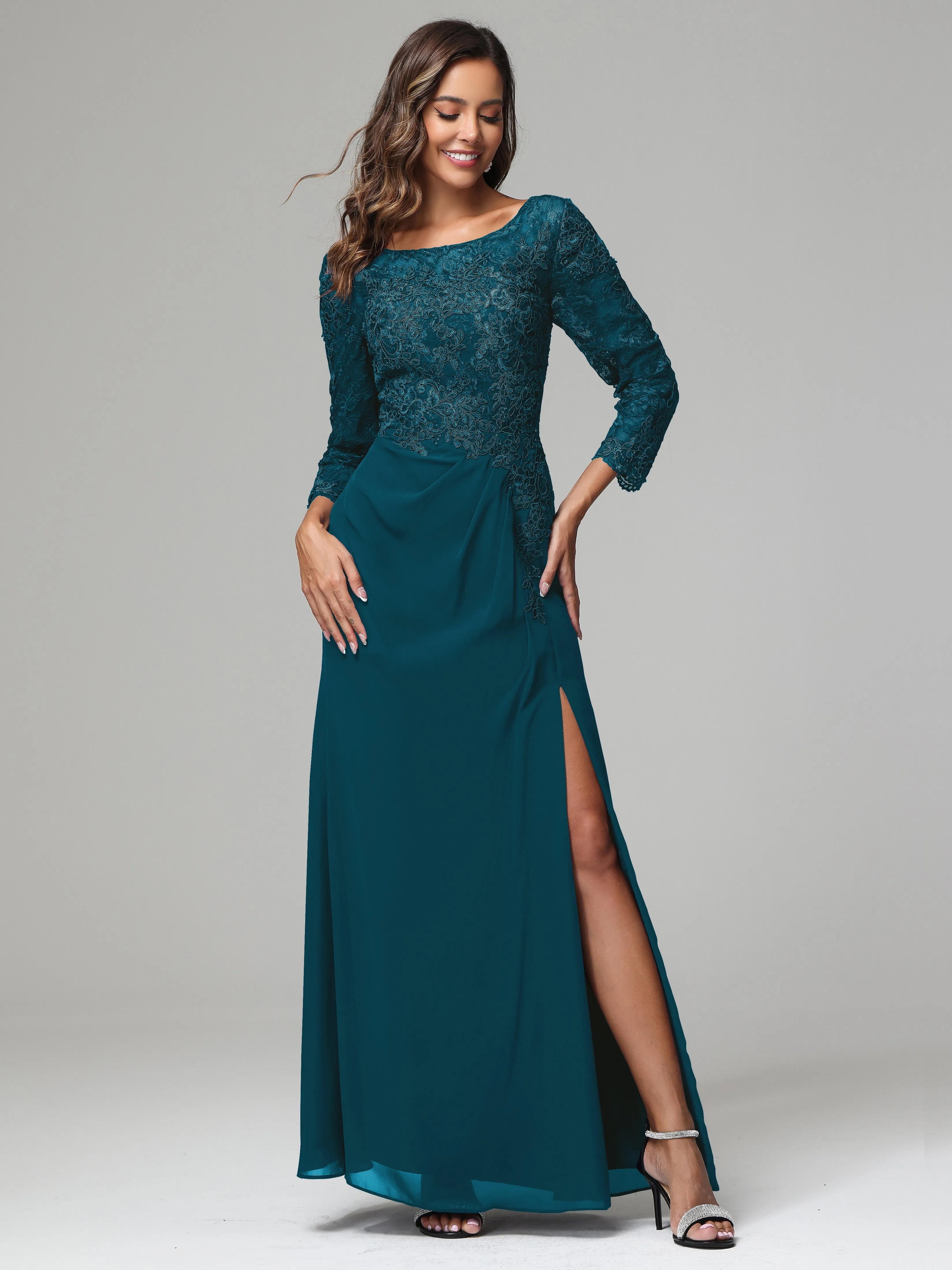 Long Sleeves Floor Length Chiffon Lace Mother Of The Bride Dress