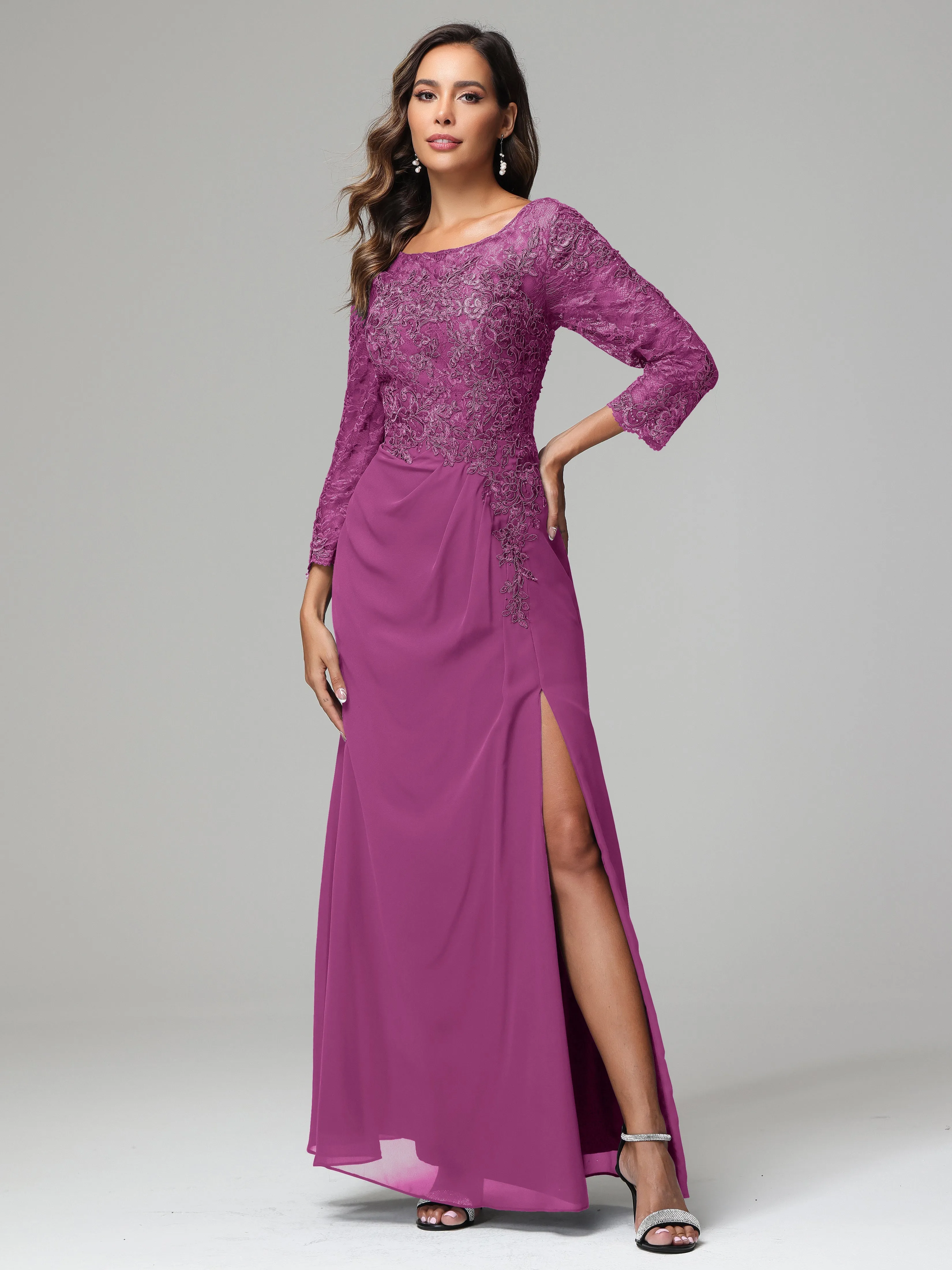 Long Sleeves Floor Length Chiffon Lace Mother Of The Bride Dress