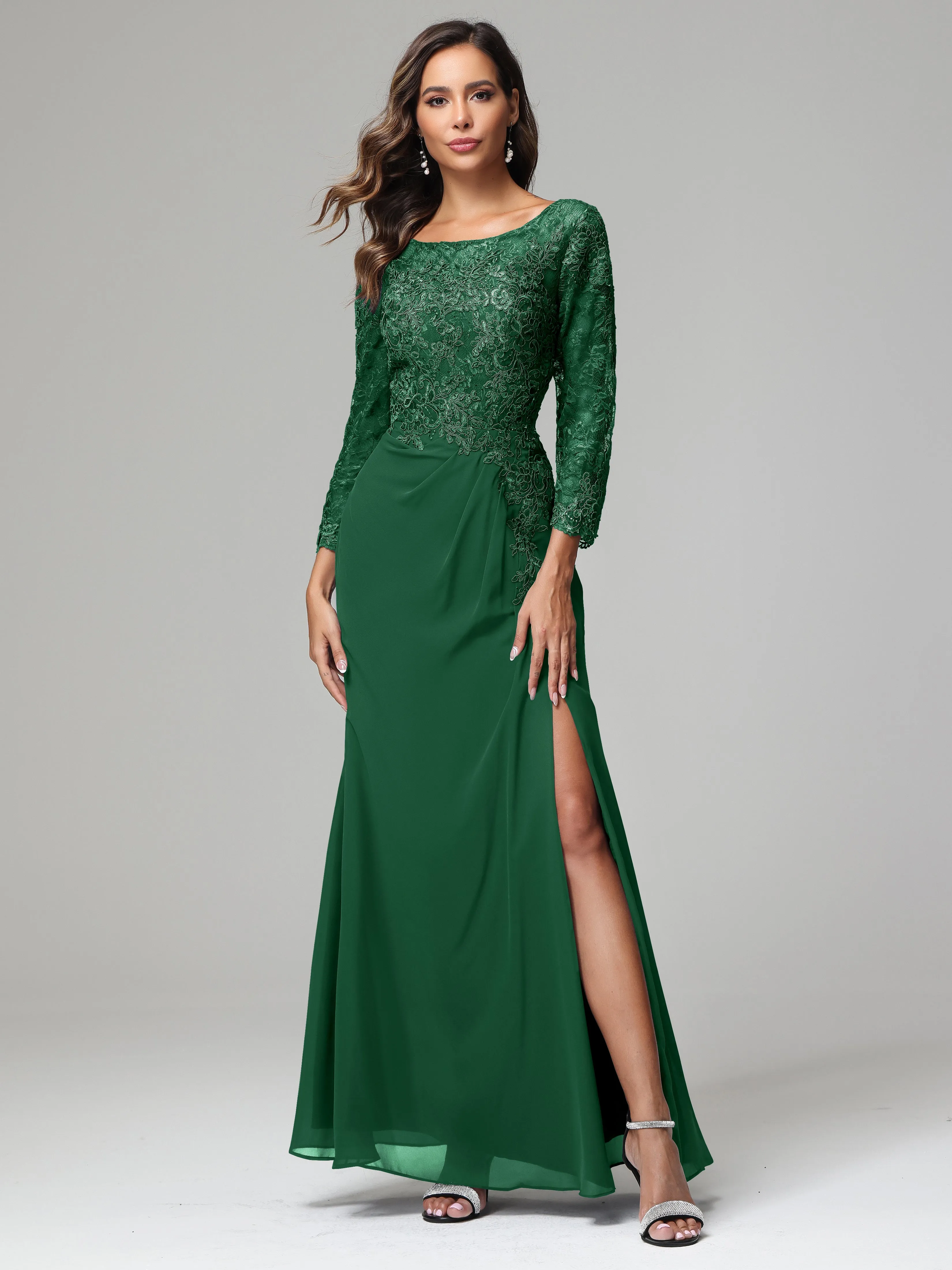 Long Sleeves Floor Length Chiffon Lace Mother Of The Bride Dress