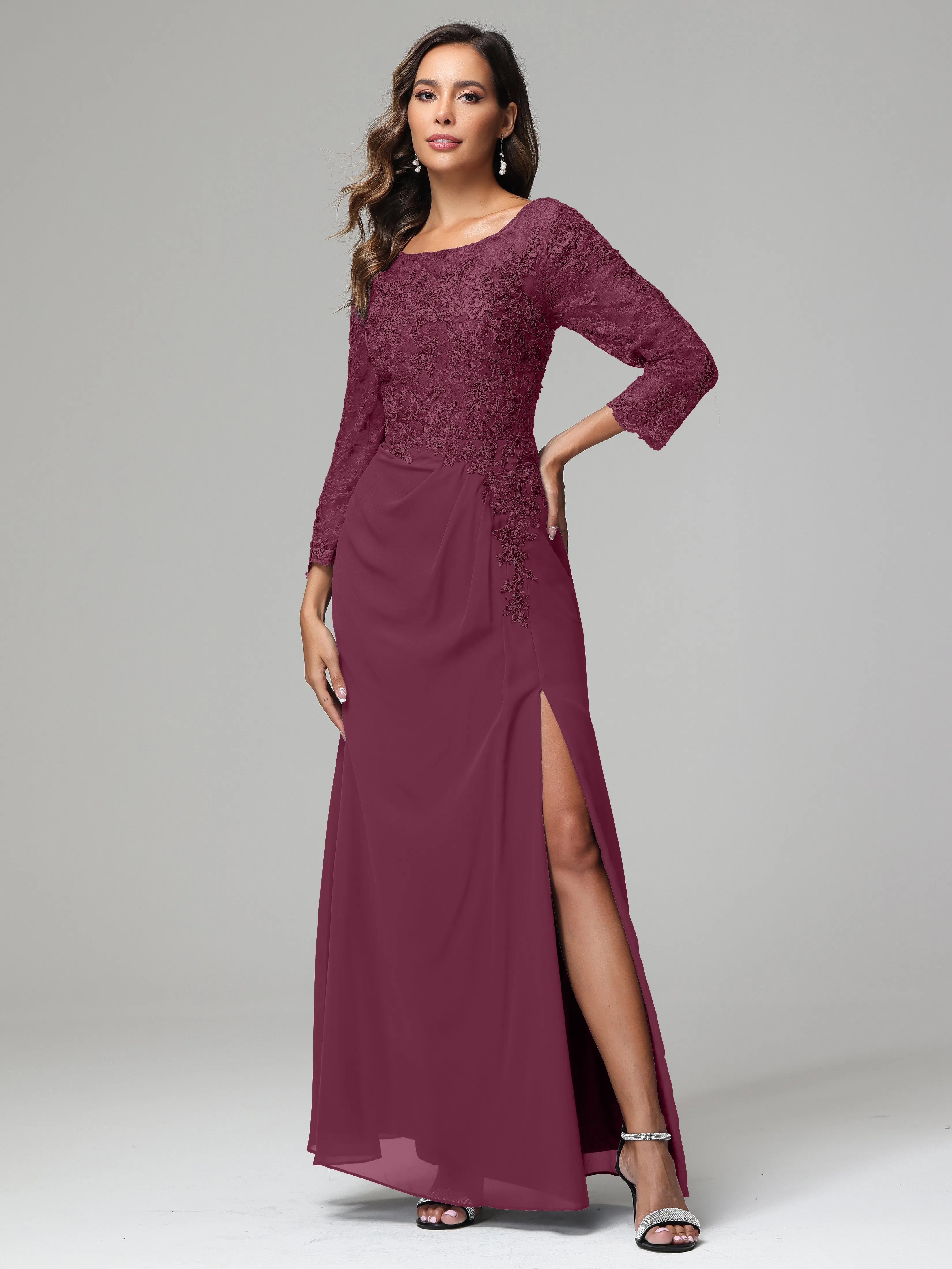 Long Sleeves Floor Length Chiffon Lace Mother Of The Bride Dress