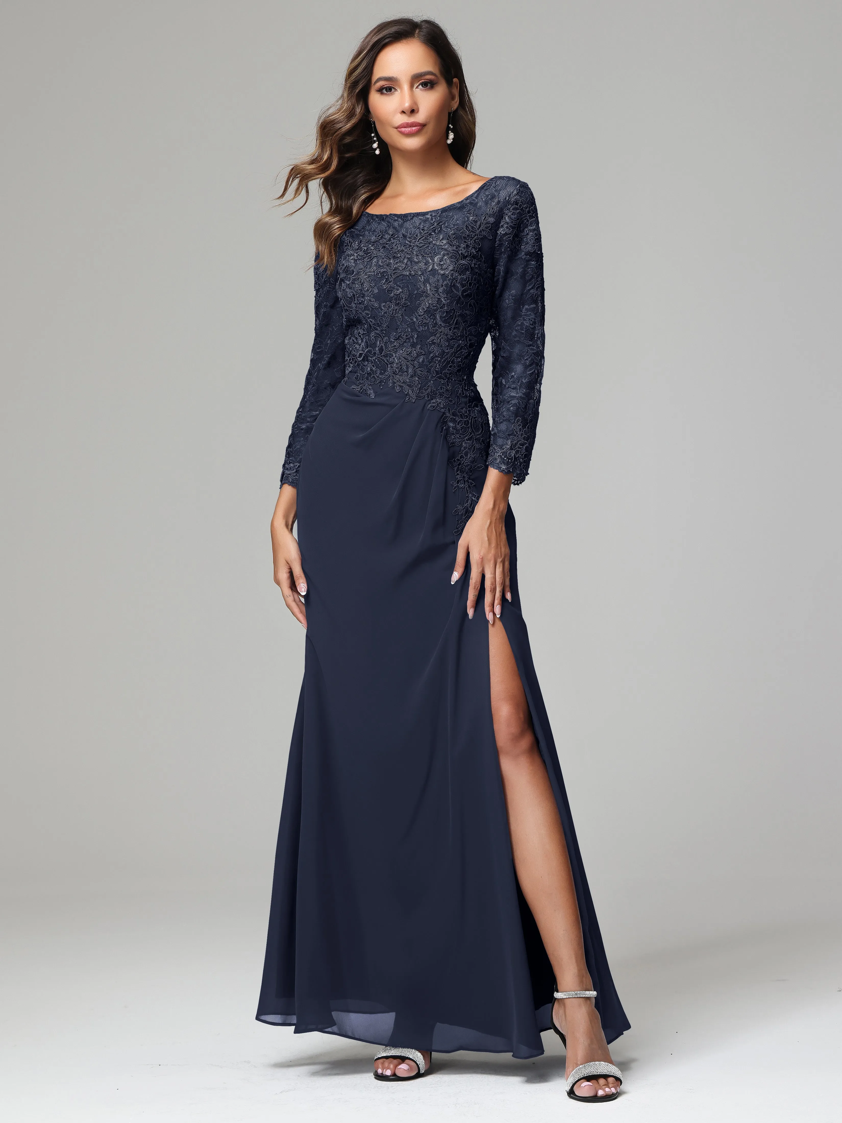 Long Sleeves Floor Length Chiffon Lace Mother Of The Bride Dress