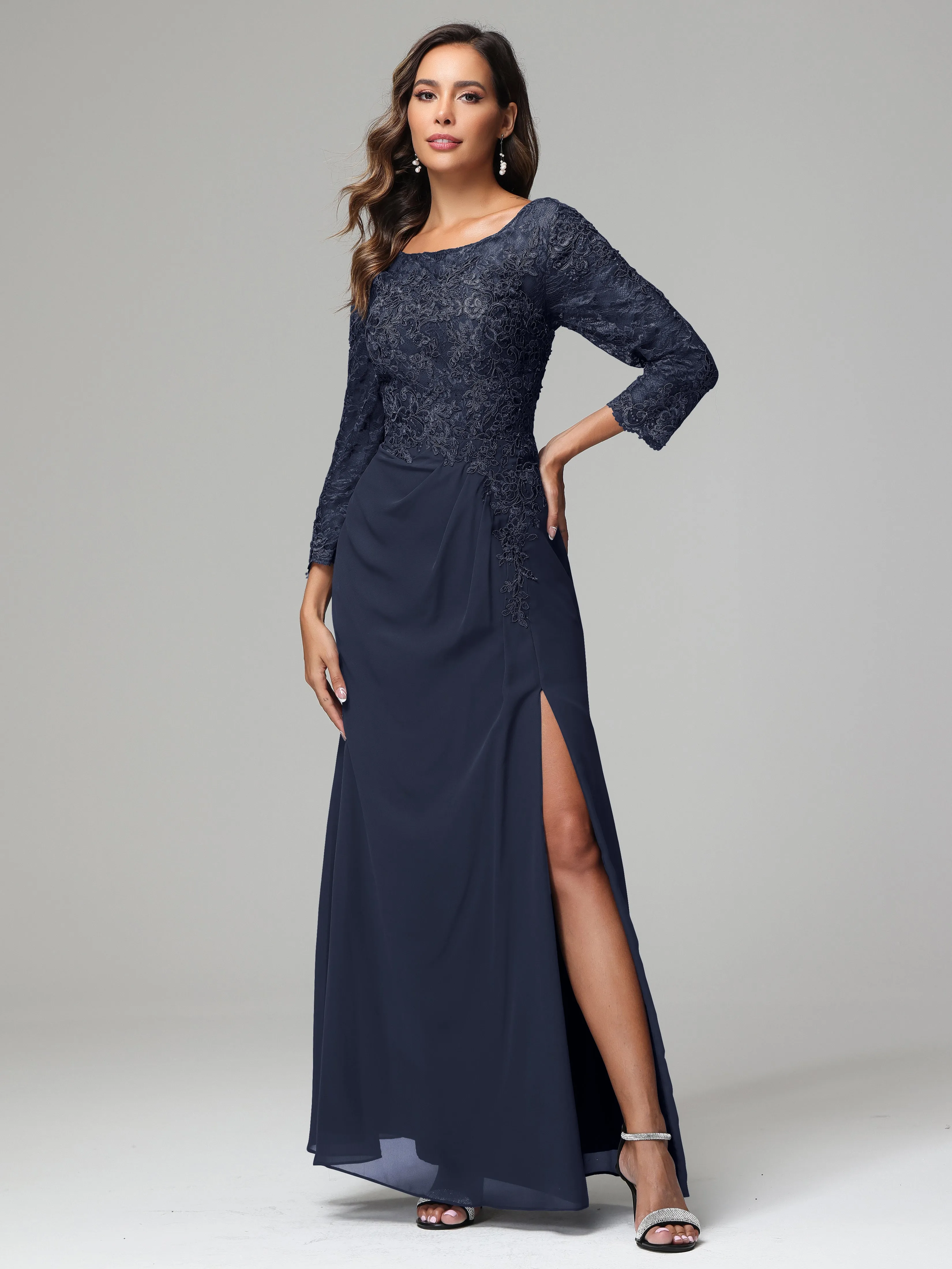 Long Sleeves Floor Length Chiffon Lace Mother Of The Bride Dress
