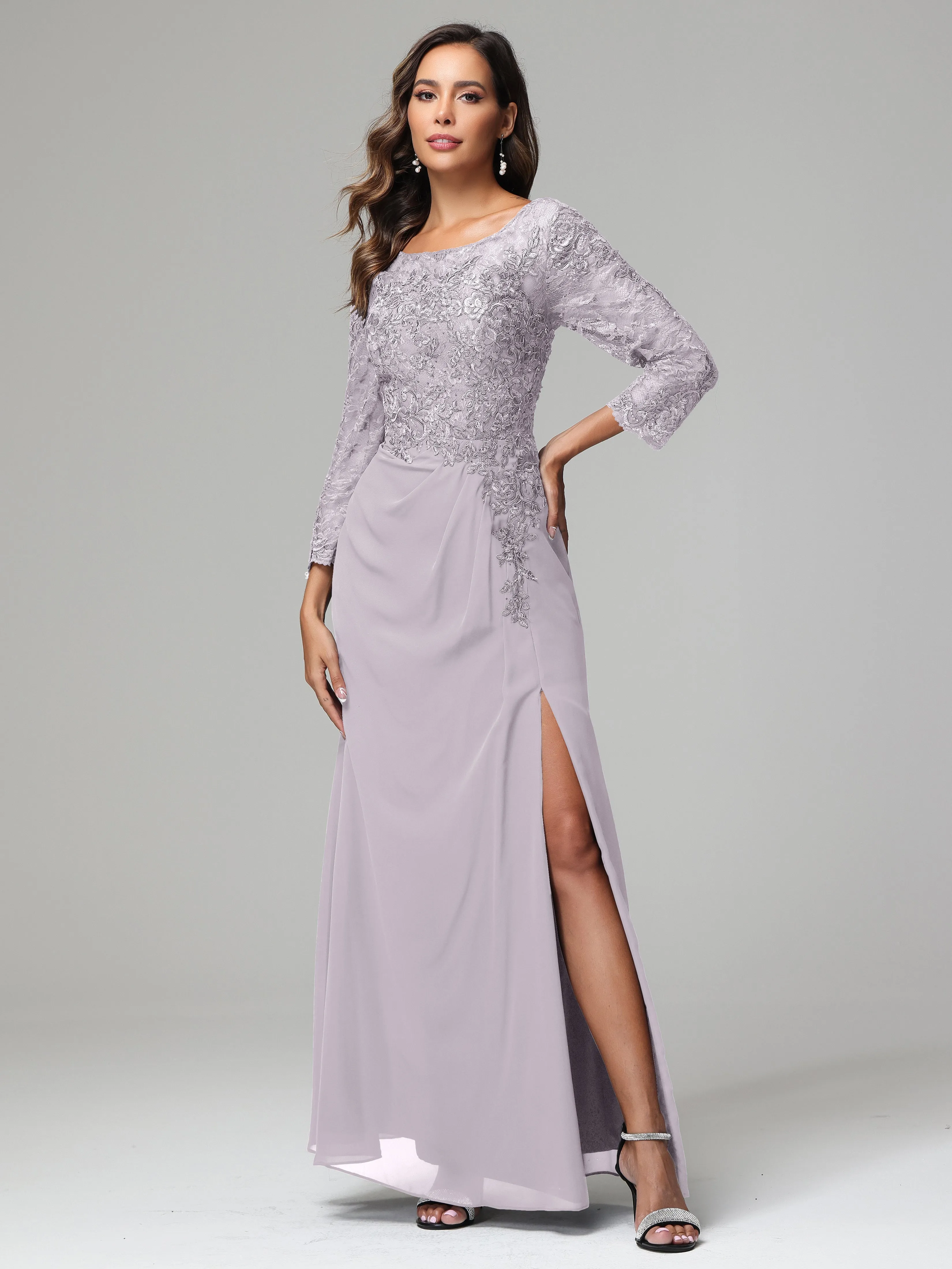 Long Sleeves Floor Length Chiffon Lace Mother Of The Bride Dress