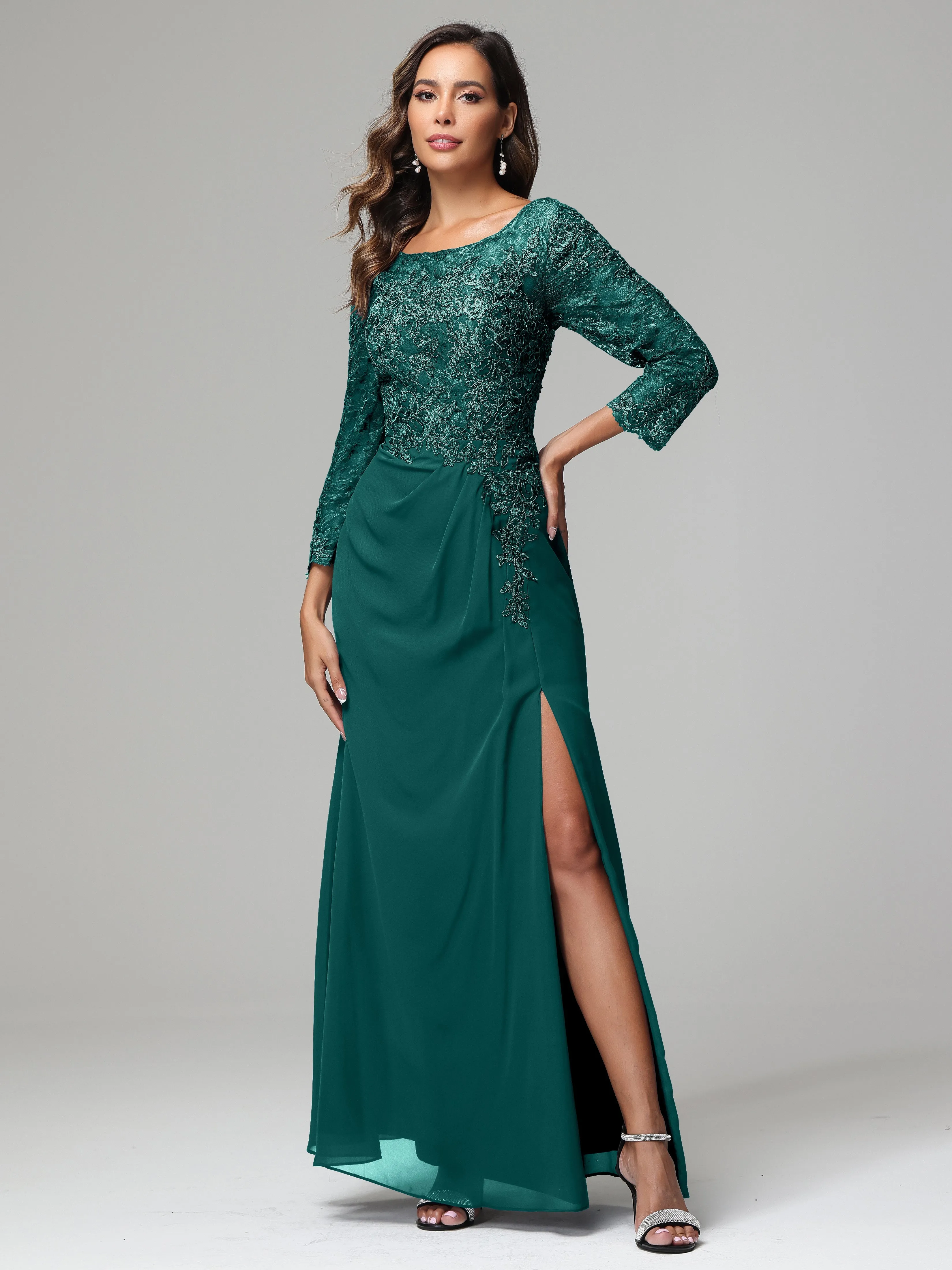 Long Sleeves Floor Length Chiffon Lace Mother Of The Bride Dress