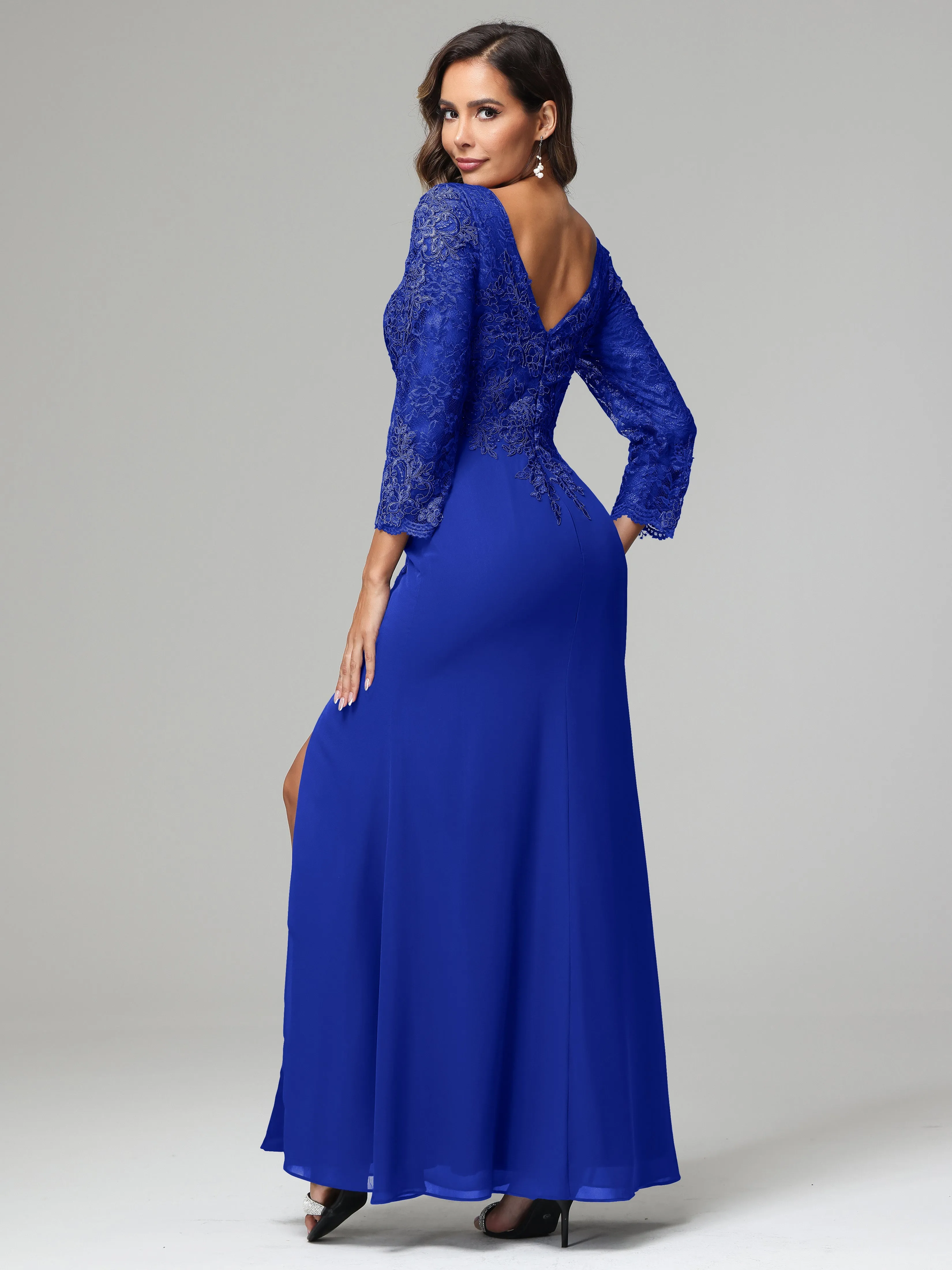 Long Sleeves Floor Length Chiffon Lace Mother Of The Bride Dress
