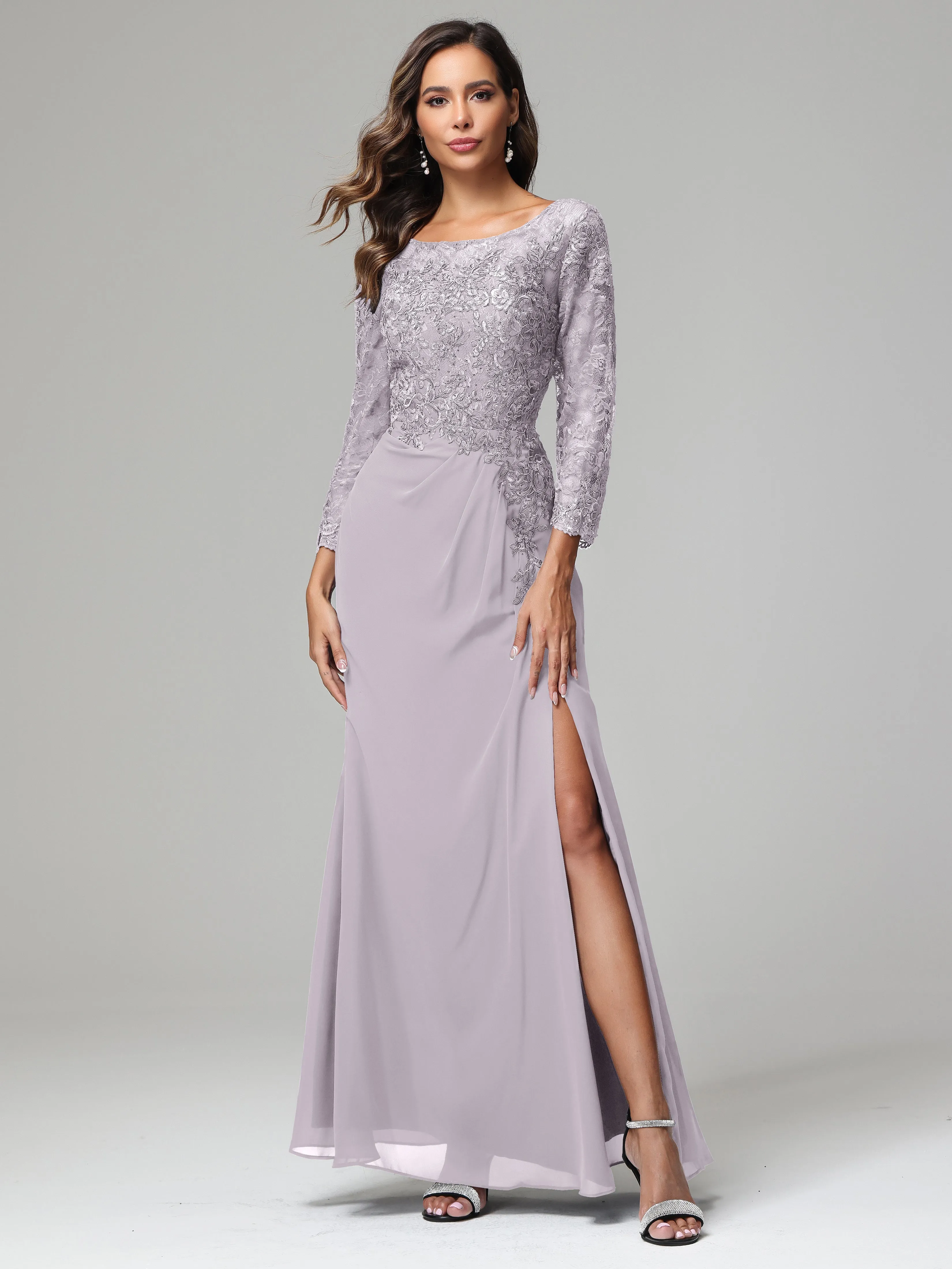 Long Sleeves Floor Length Chiffon Lace Mother Of The Bride Dress
