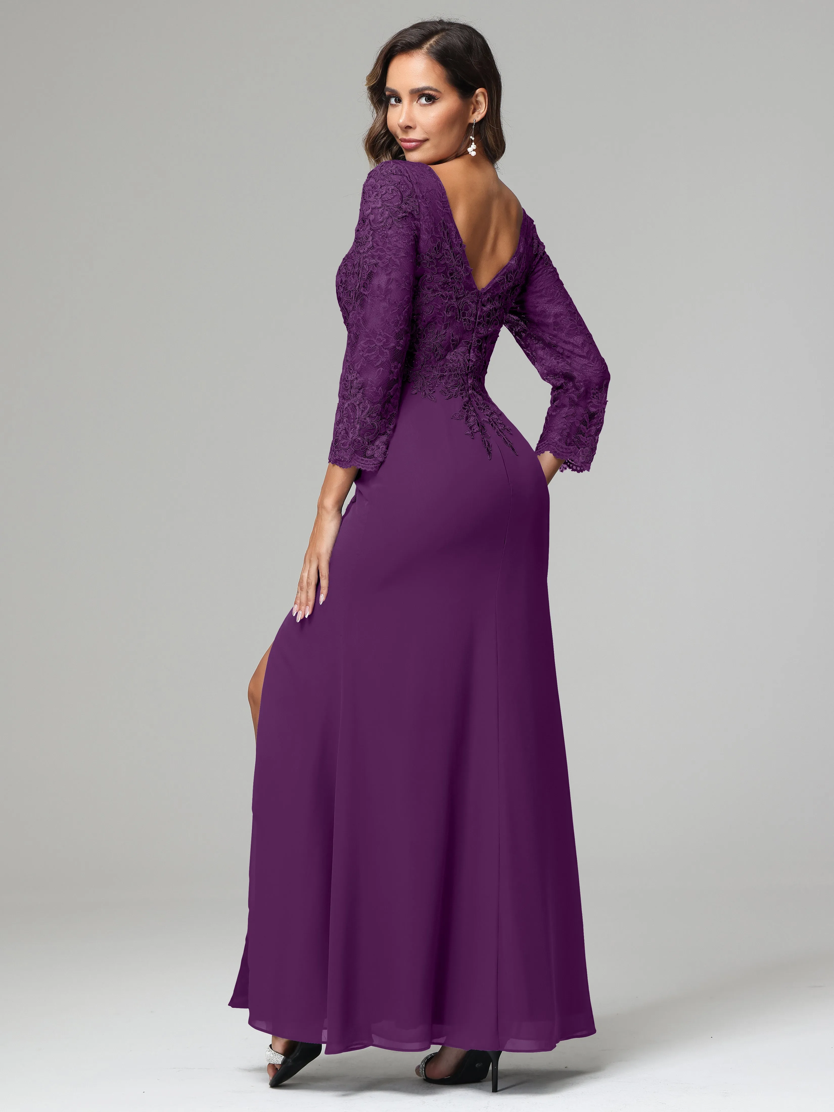 Long Sleeves Floor Length Chiffon Lace Mother Of The Bride Dress