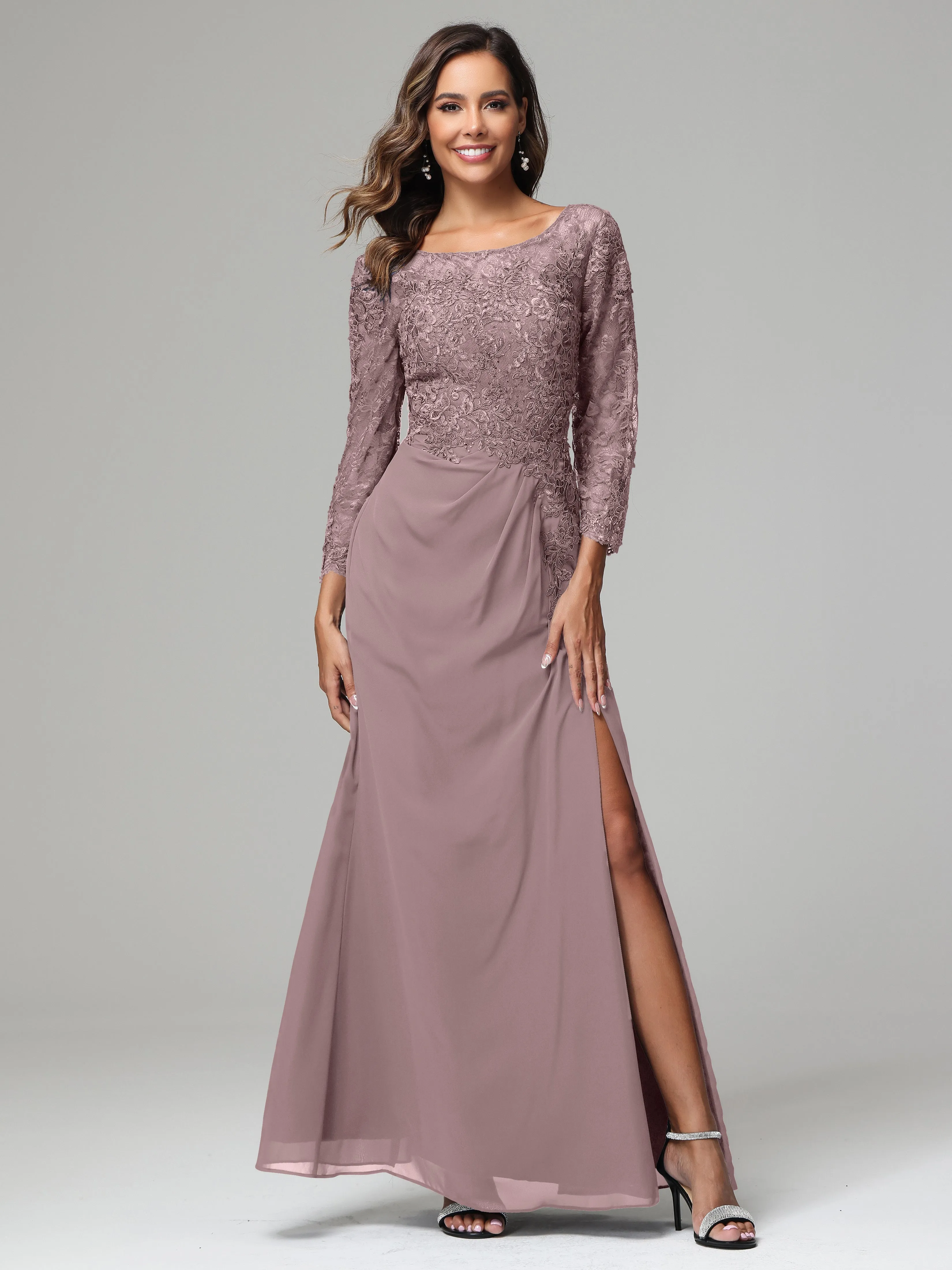 Long Sleeves Floor Length Chiffon Lace Mother Of The Bride Dress