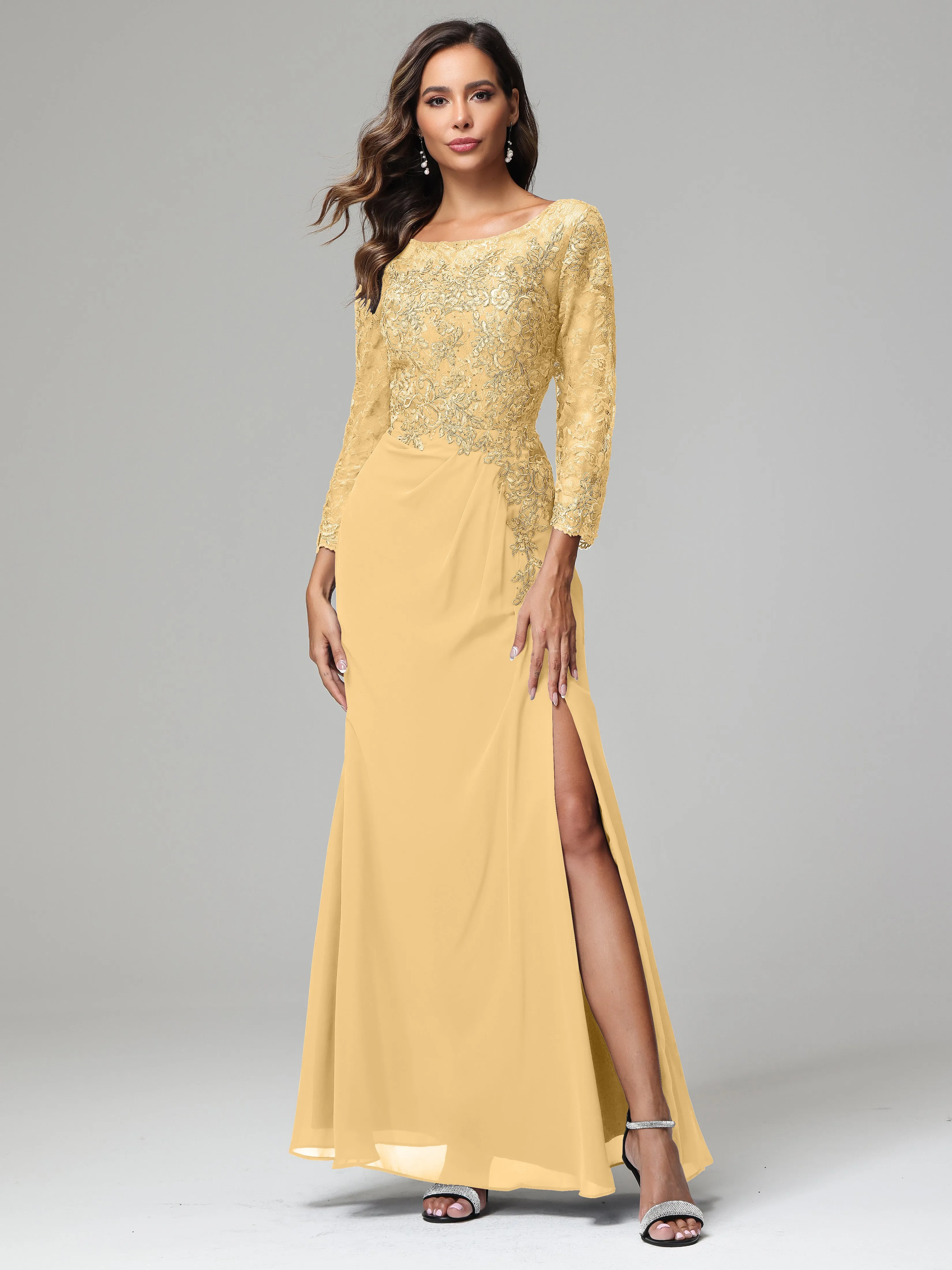 Long Sleeves Floor Length Chiffon Lace Mother Of The Bride Dress