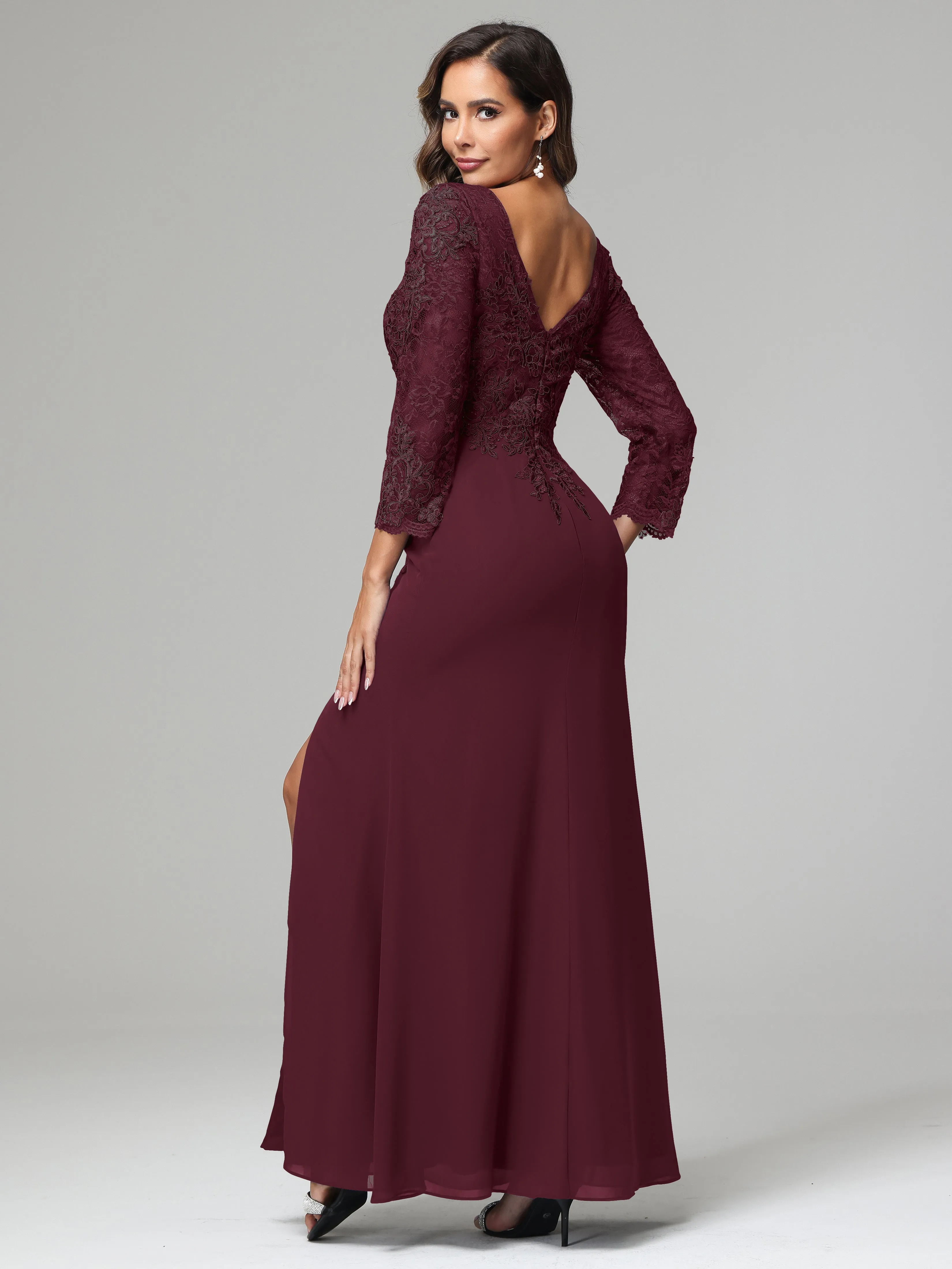 Long Sleeves Floor Length Chiffon Lace Mother Of The Bride Dress