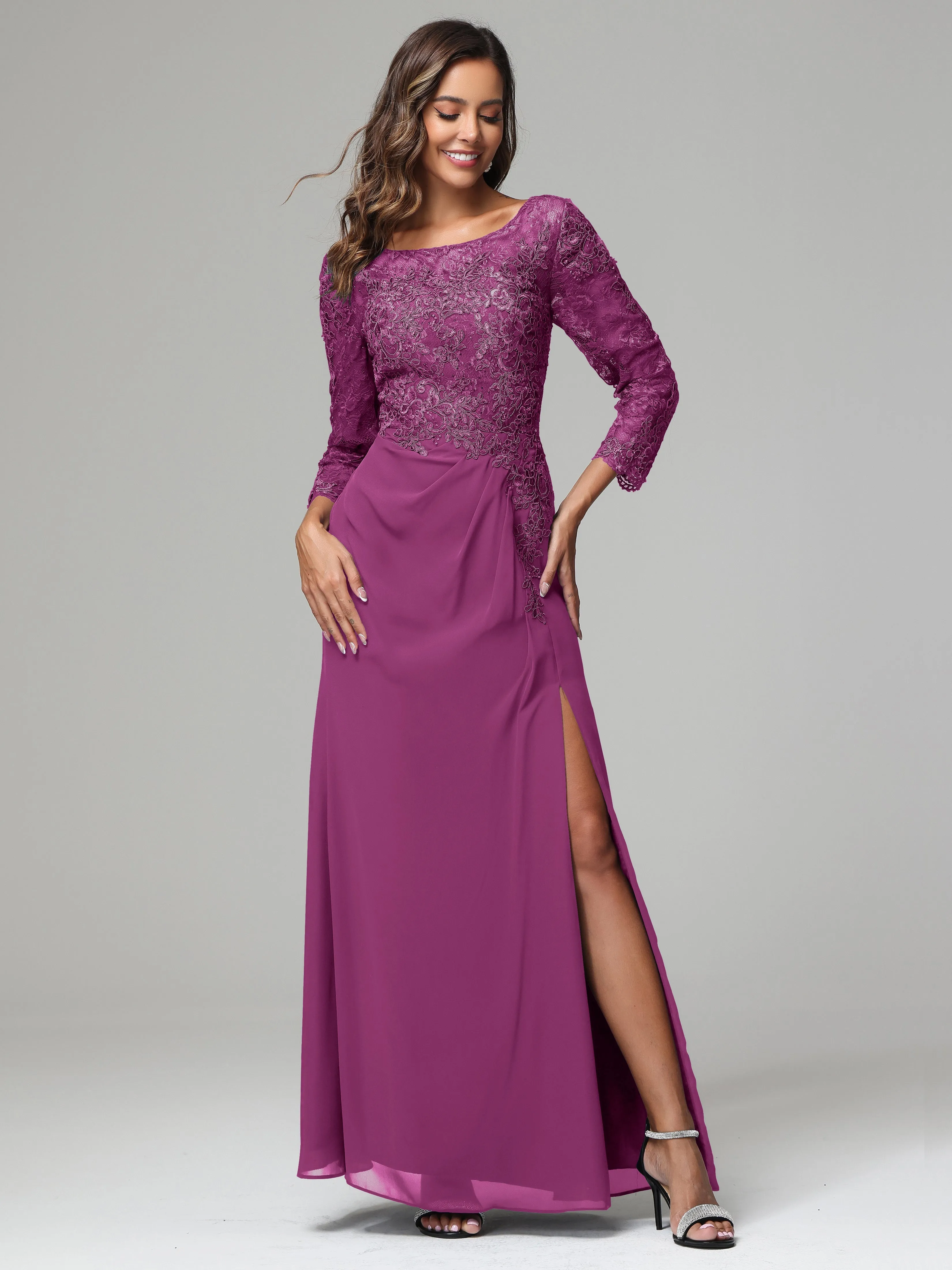 Long Sleeves Floor Length Chiffon Lace Mother Of The Bride Dress
