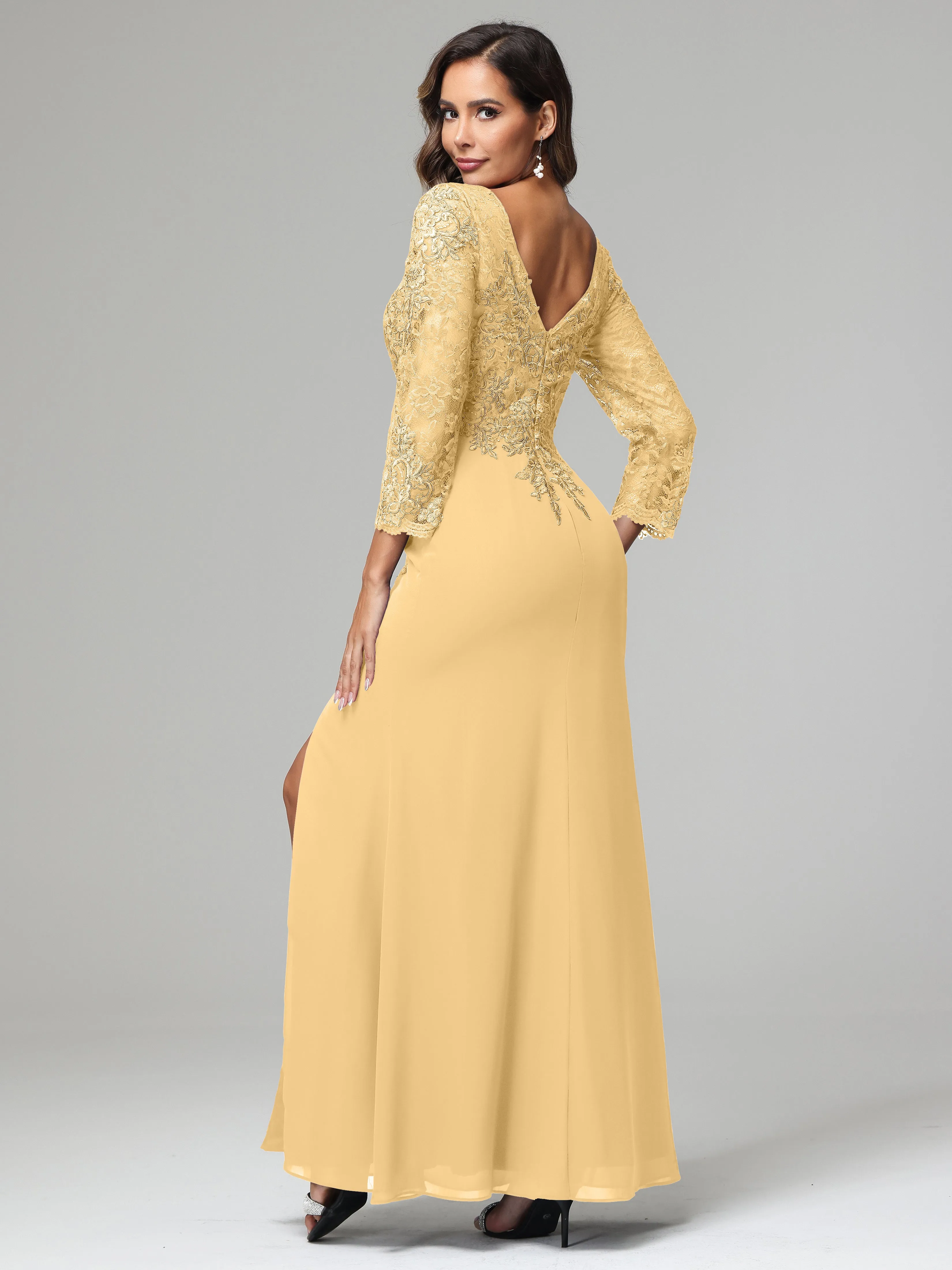 Long Sleeves Floor Length Chiffon Lace Mother Of The Bride Dress