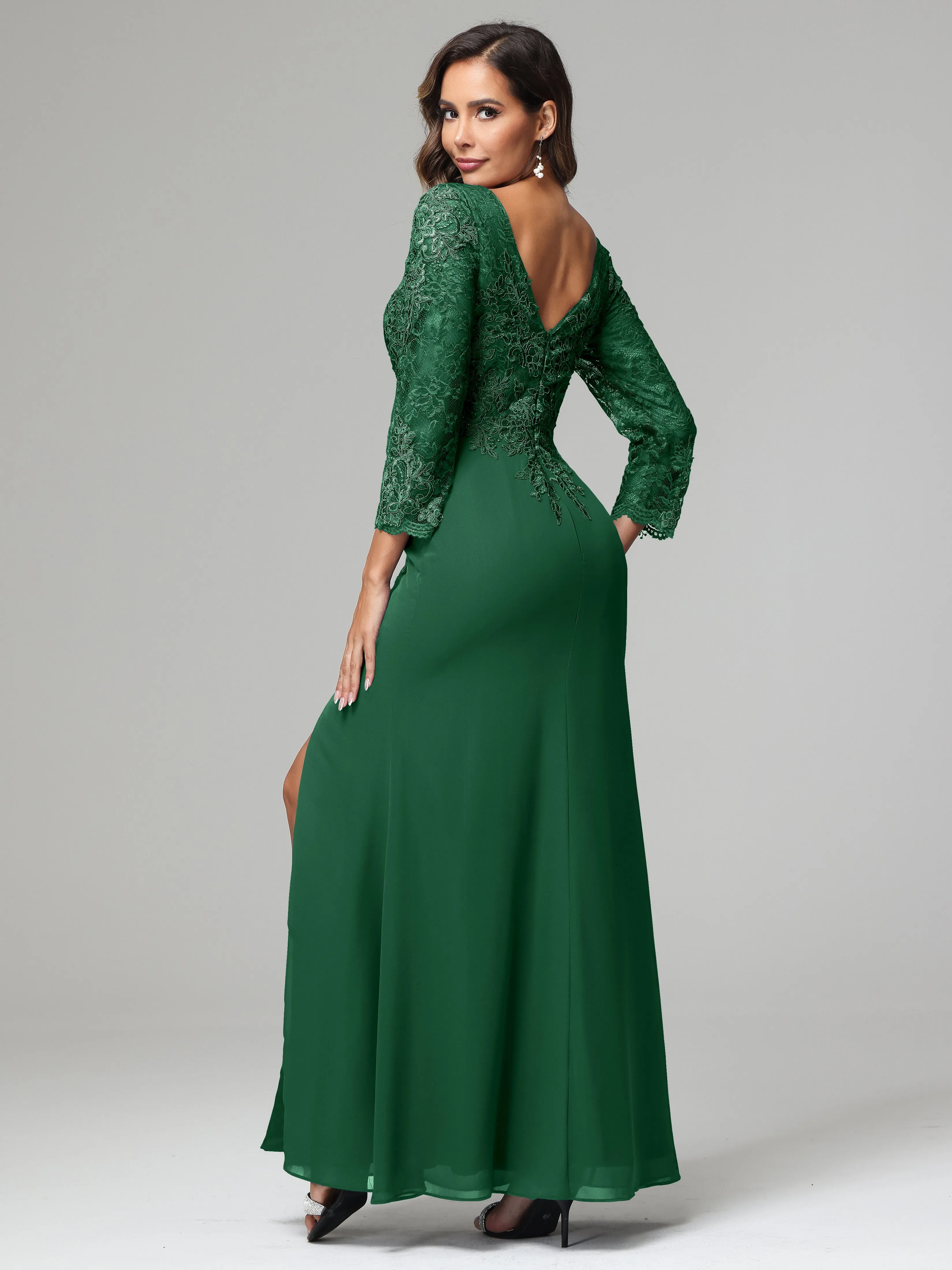 Long Sleeves Floor Length Chiffon Lace Mother Of The Bride Dress