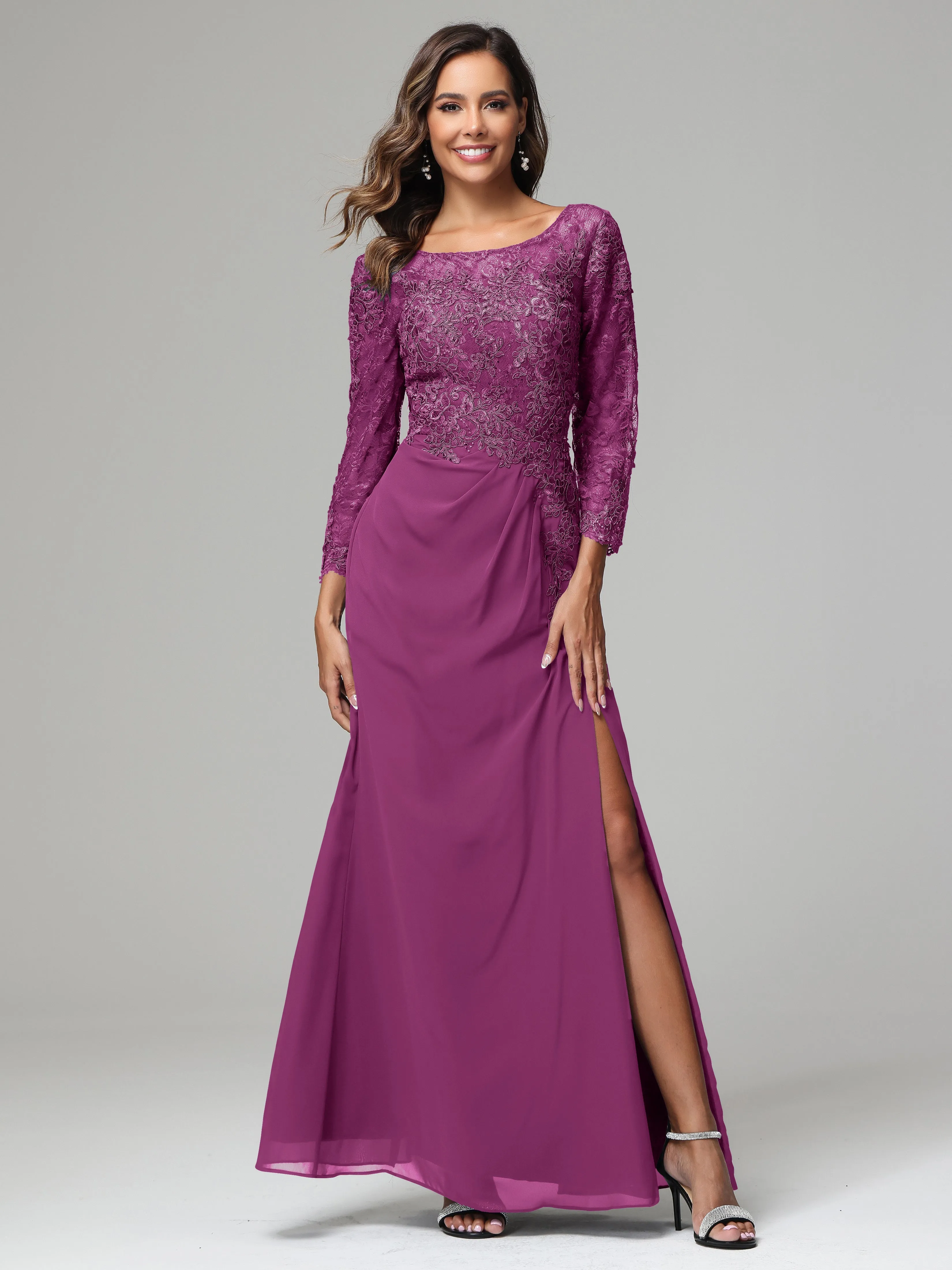 Long Sleeves Floor Length Chiffon Lace Mother Of The Bride Dress