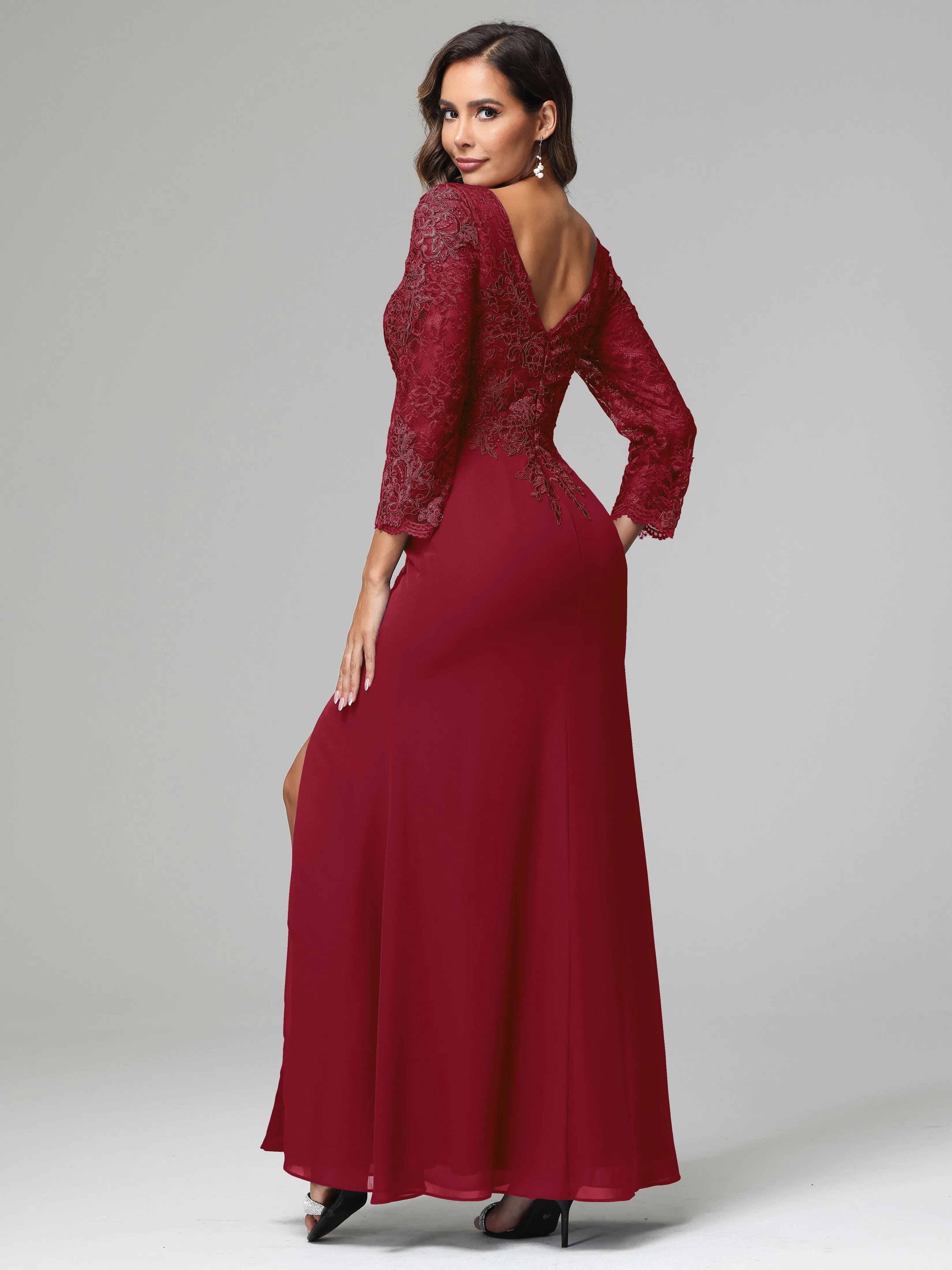 Long Sleeves Floor Length Chiffon Lace Mother Of The Bride Dress