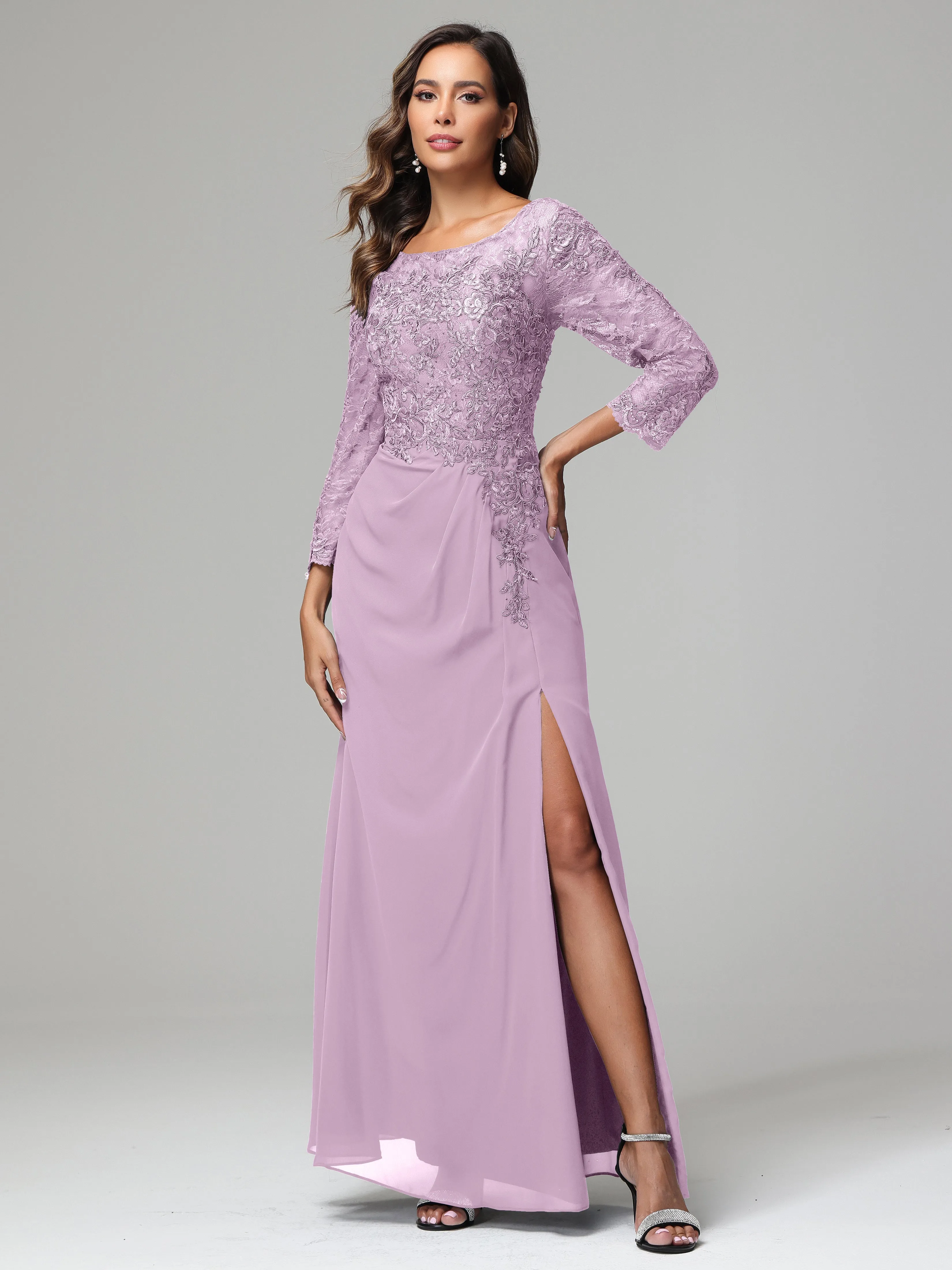 Long Sleeves Floor Length Chiffon Lace Mother Of The Bride Dress