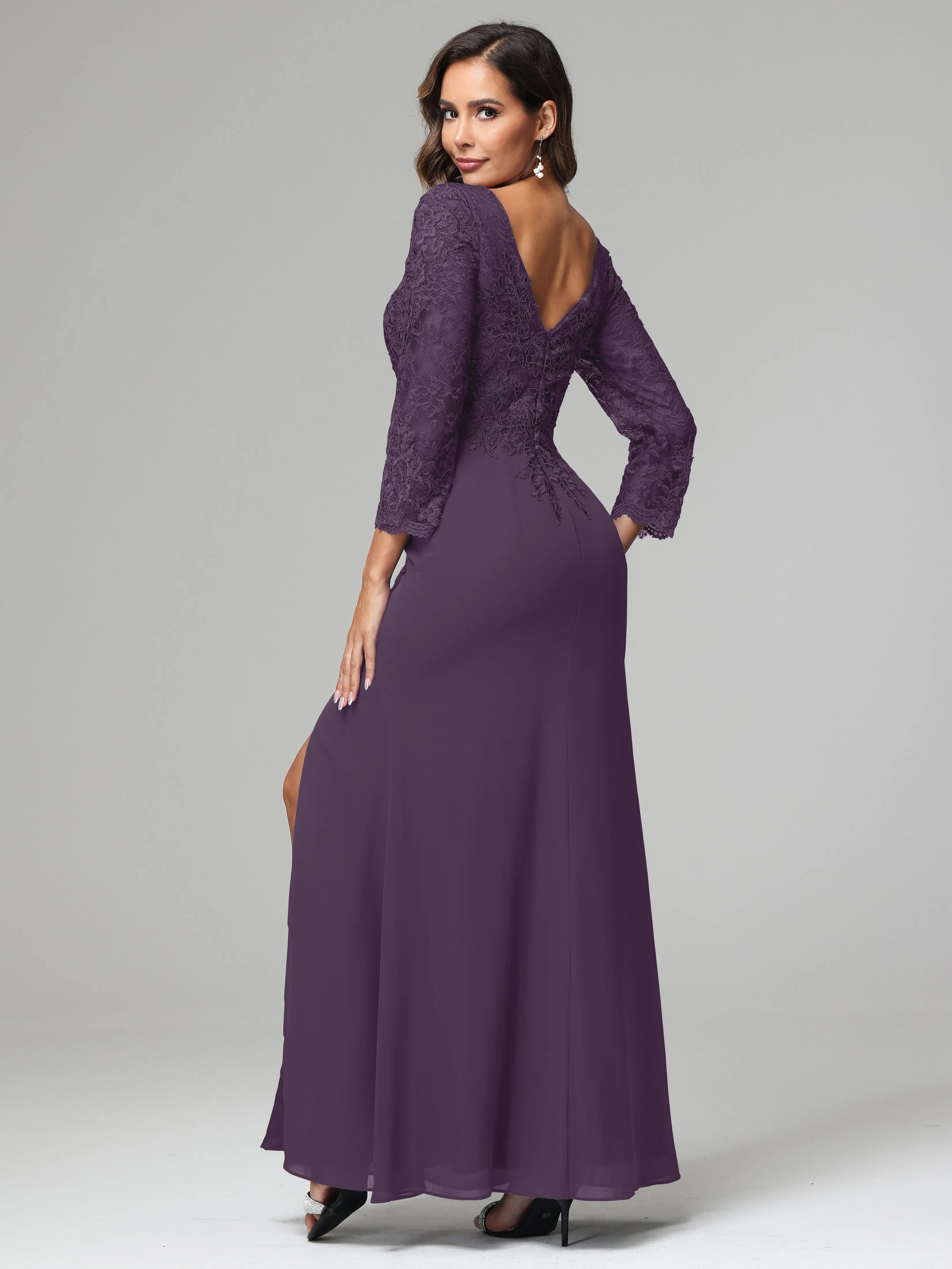 Long Sleeves Floor Length Chiffon Lace Mother Of The Bride Dress