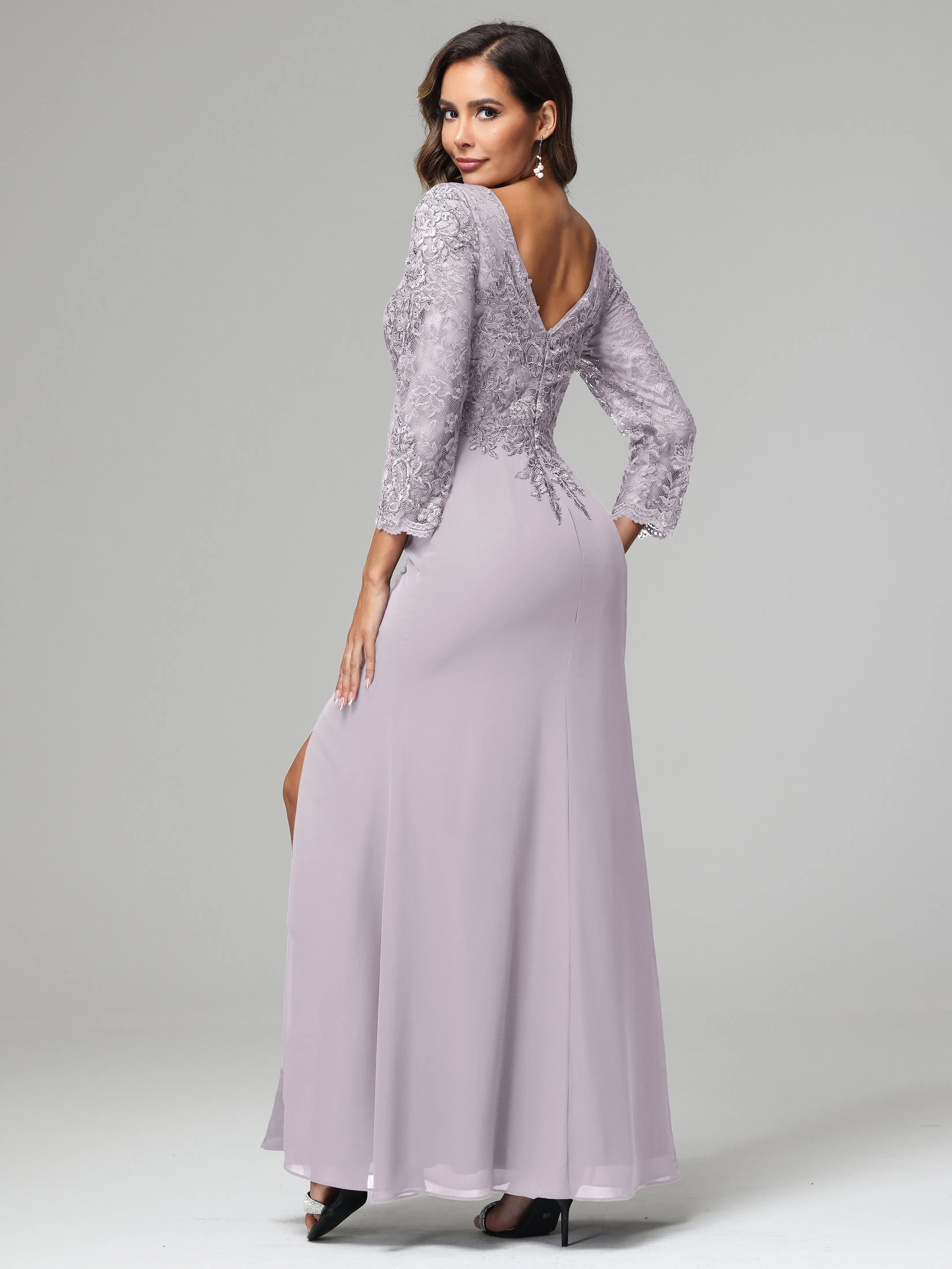 Long Sleeves Floor Length Chiffon Lace Mother Of The Bride Dress
