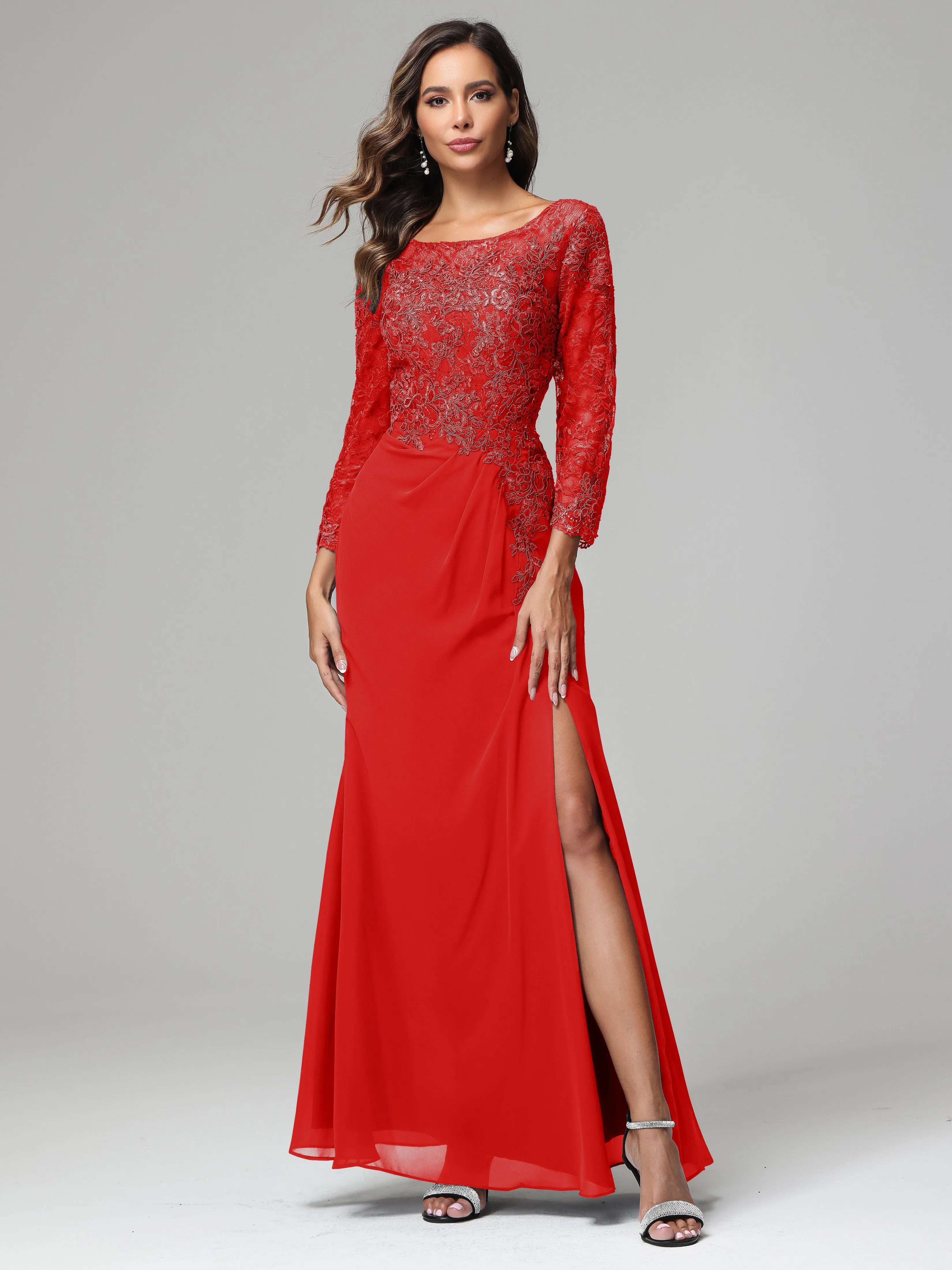 Long Sleeves Floor Length Chiffon Lace Mother Of The Bride Dress