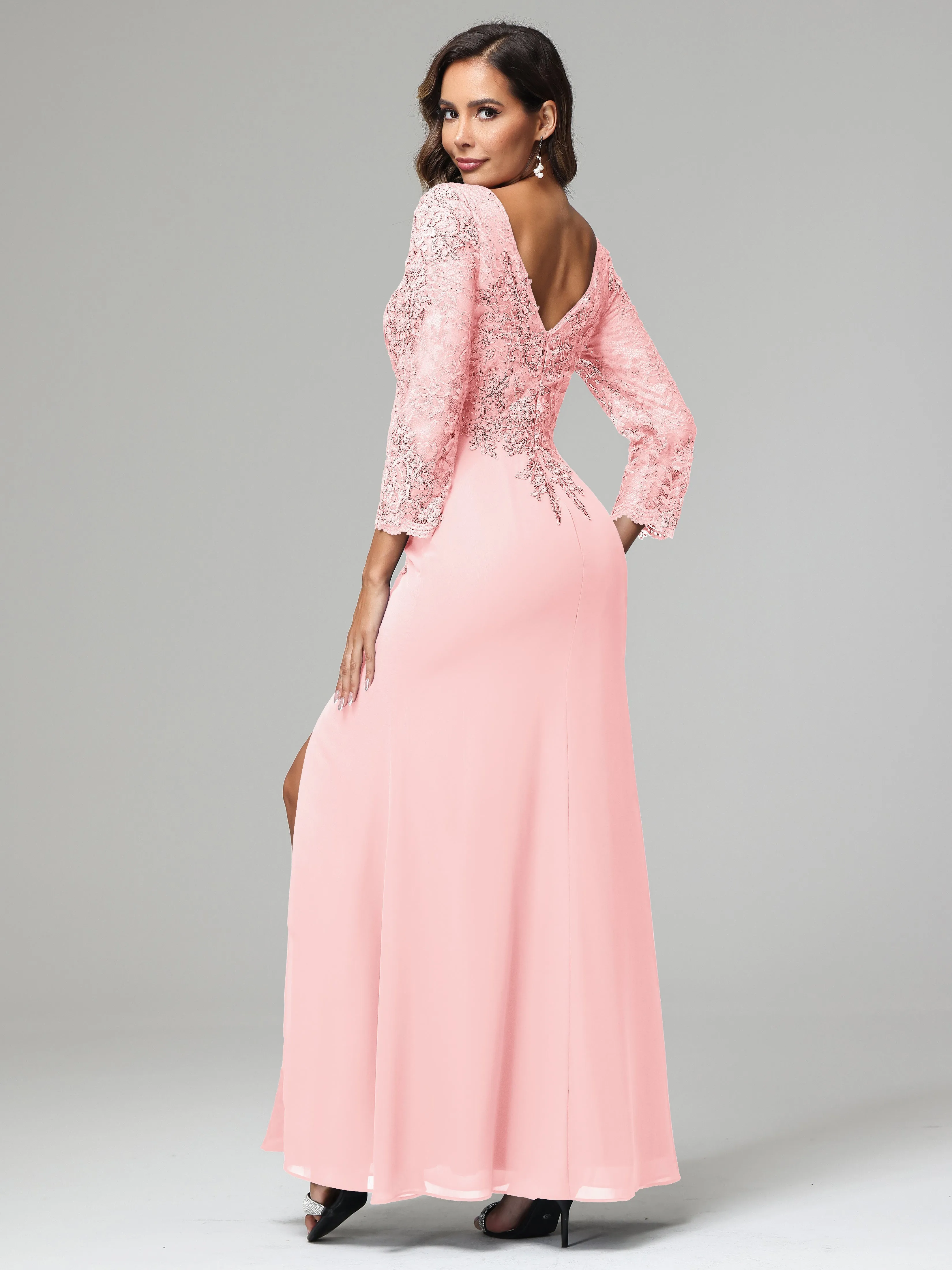 Long Sleeves Floor Length Chiffon Lace Mother Of The Bride Dress