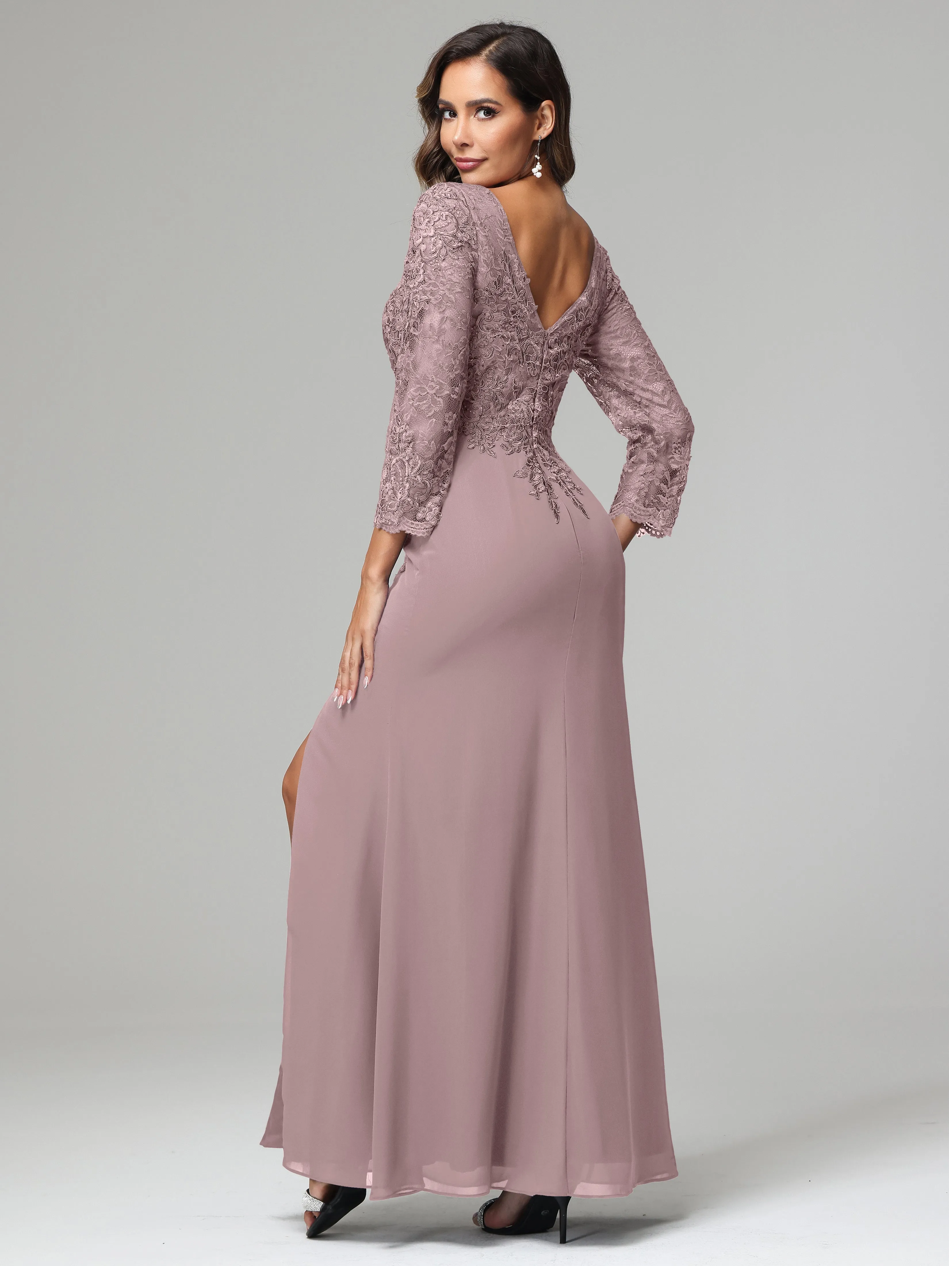 Long Sleeves Floor Length Chiffon Lace Mother Of The Bride Dress